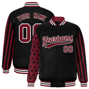 Custom Black Crimson American Flag Varsity Full-Snap Authentic Raglan Sleeves Letterman Bomber Jacket