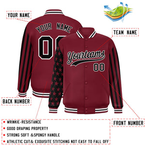 Custom Crimson Black American Flag Varsity Full-Snap Authentic Raglan Sleeves Letterman Bomber Jacket