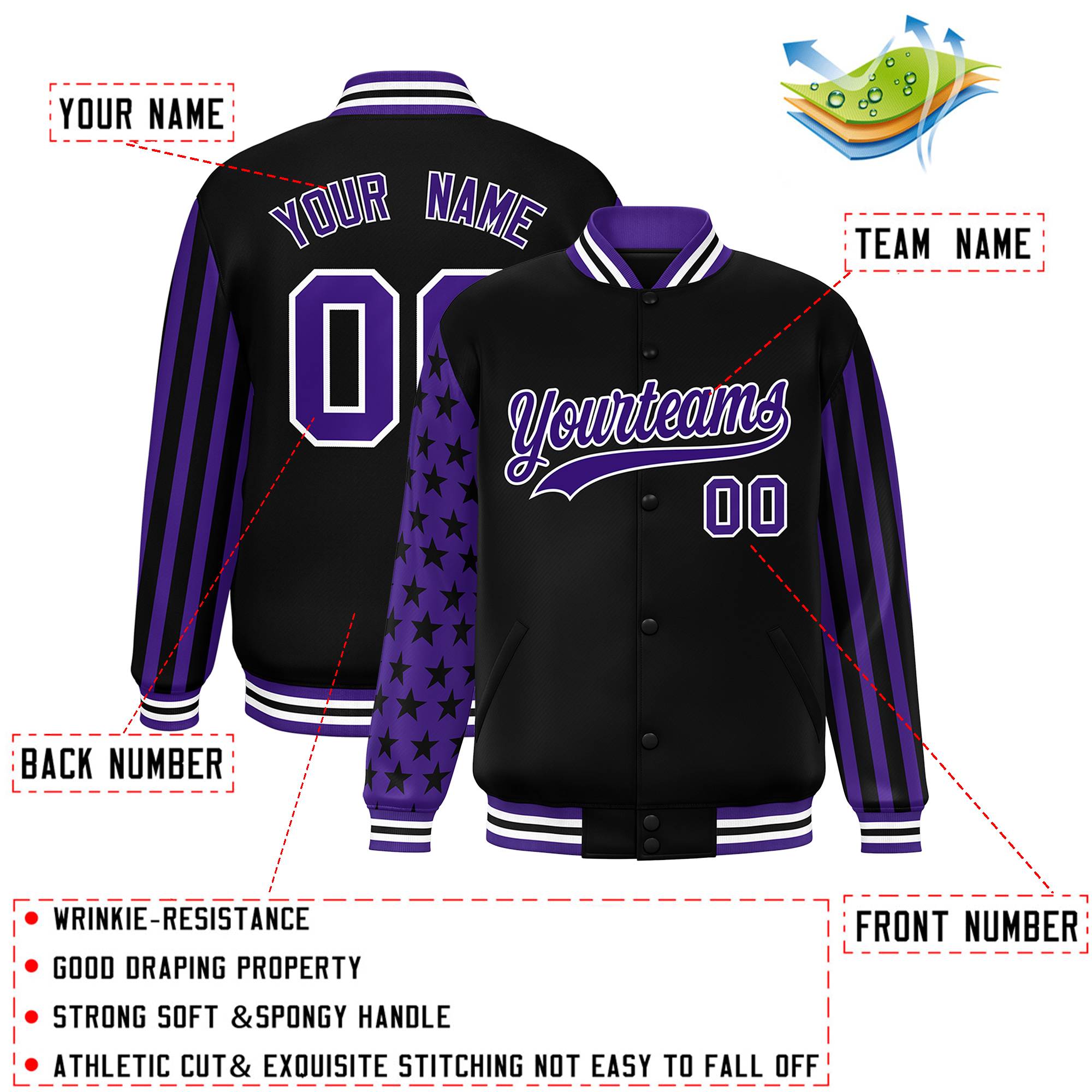 Custom Black Purple American Flag Varsity Full-Snap Authentic Raglan Sleeves Letterman Bomber Jacket