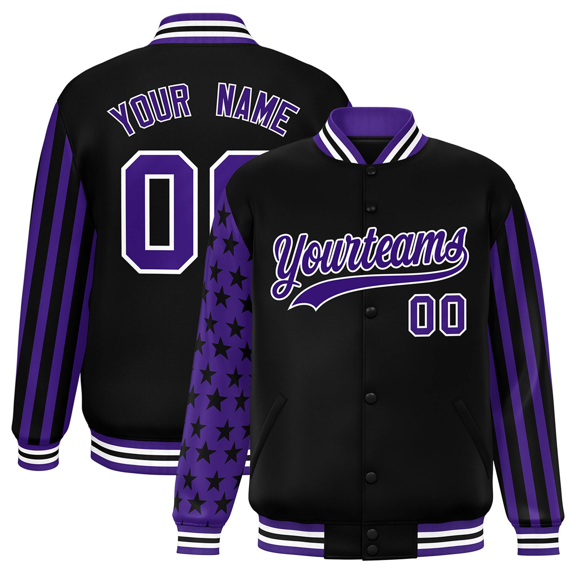 Custom Black Purple American Flag Varsity Full-Snap Authentic Raglan Sleeves Letterman Bomber Jacket