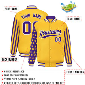 Custom Gold Purple American Flag Varsity Full-Snap Authentic Raglan Sleeves Letterman Bomber Jacket