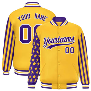 Custom Gold Purple American Flag Varsity Full-Snap Authentic Raglan Sleeves Letterman Bomber Jacket