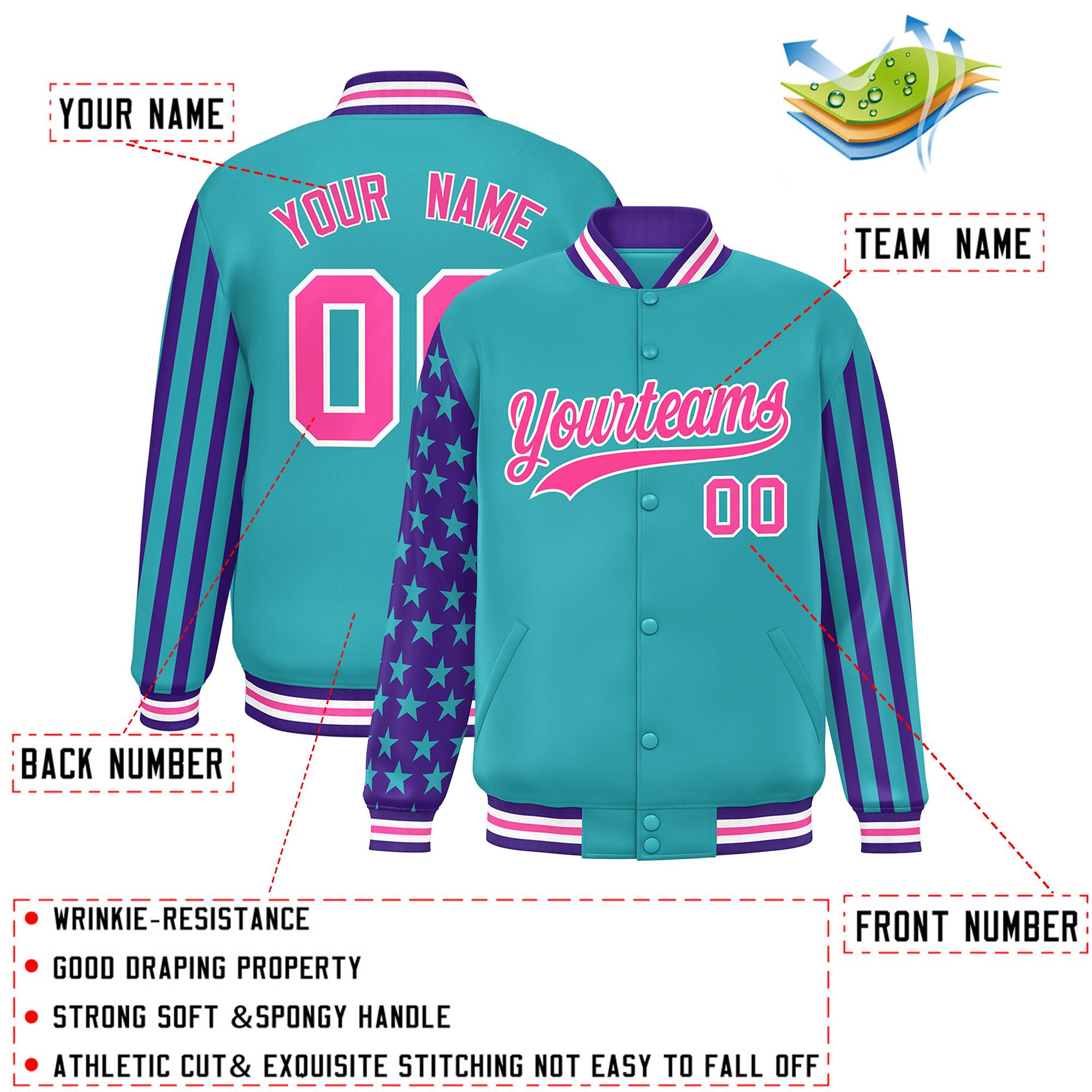 Custom Aqua Purple American Flag Varsity Full-Snap Authentic Raglan Sleeves Letterman Bomber Jacket