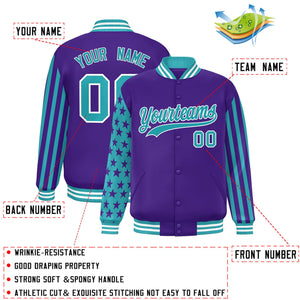 Custom Purple Aqua American Flag Varsity Full-Snap Authentic Raglan Sleeves Letterman Bomber Jacket