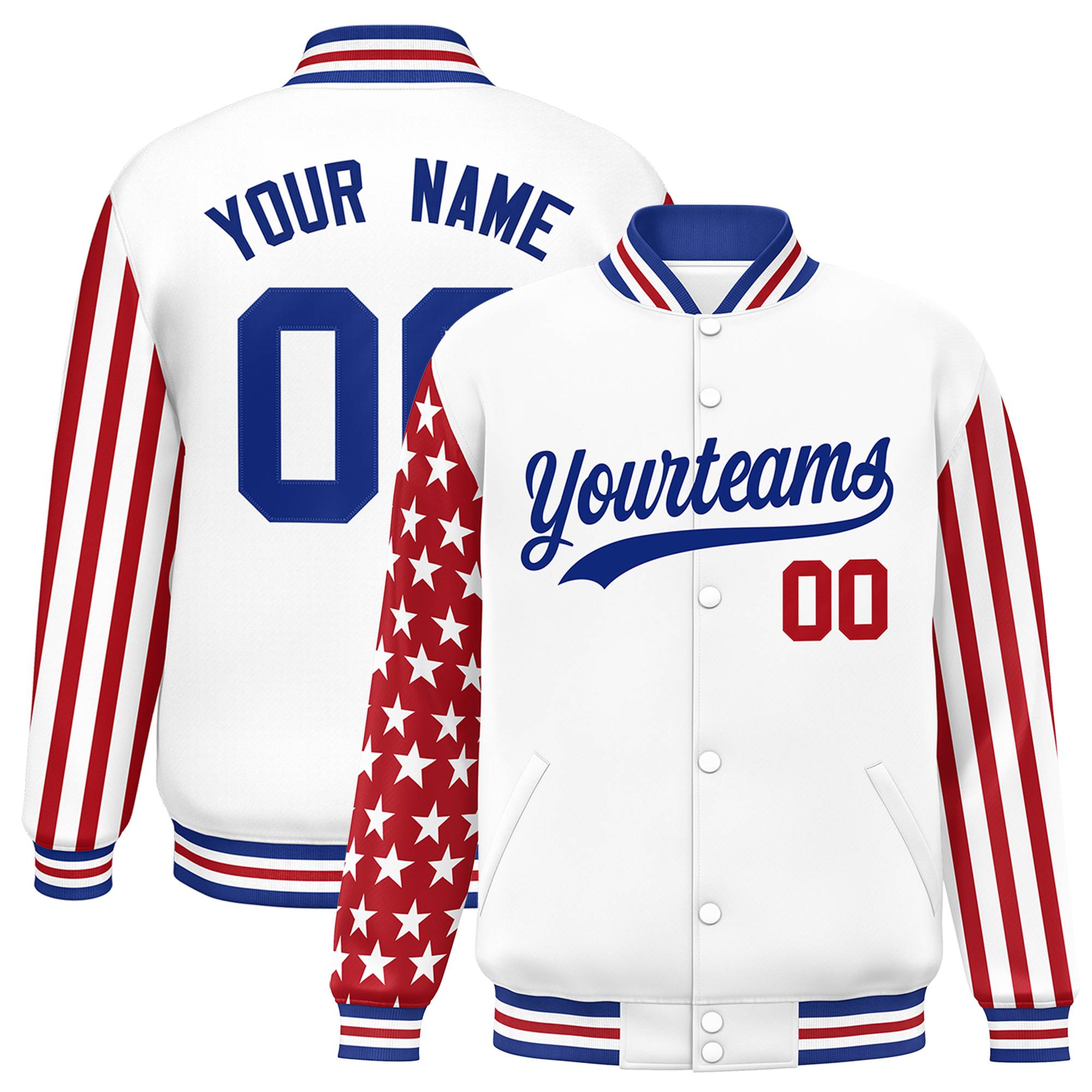 Custom White Red American Flag Varsity Full-Snap Authentic Raglan Sleeves Letterman Bomber Jacket