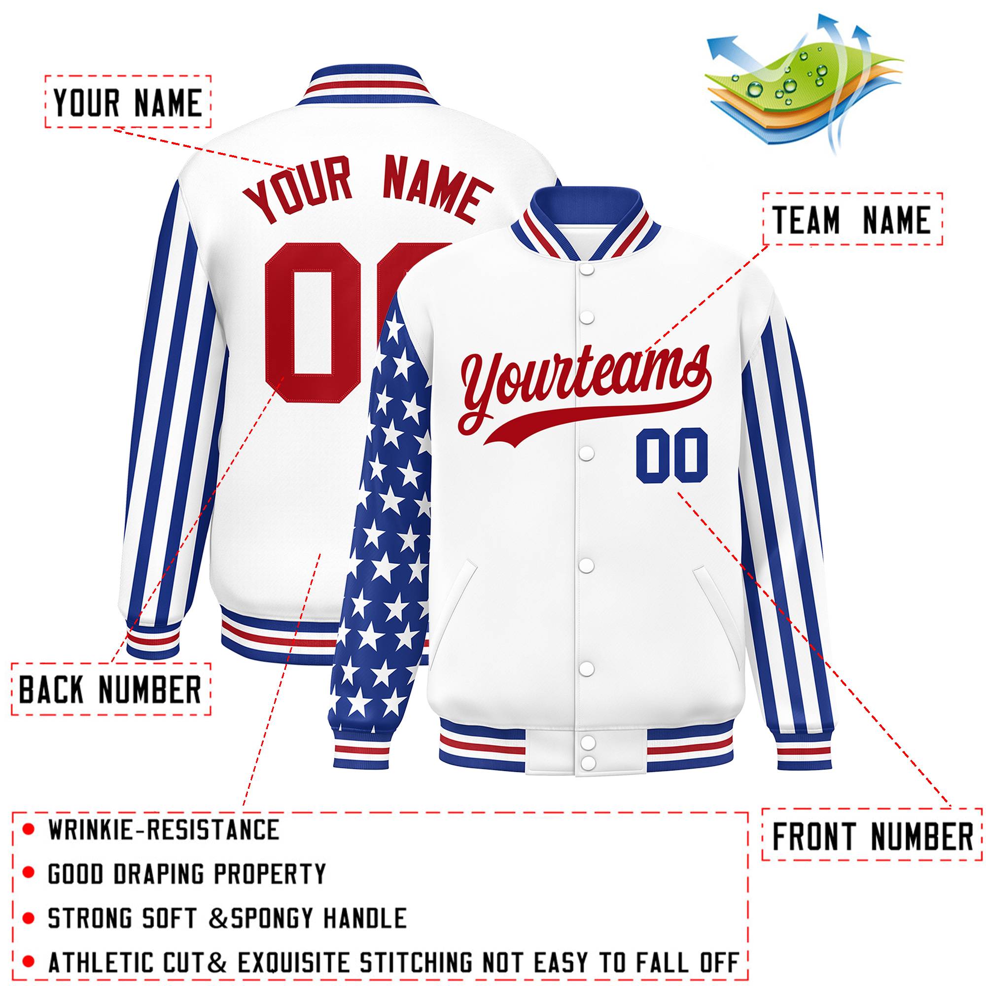 Custom White Royal American Flag Varsity Full-Snap Authentic Raglan Sleeves Letterman Bomber Jacket