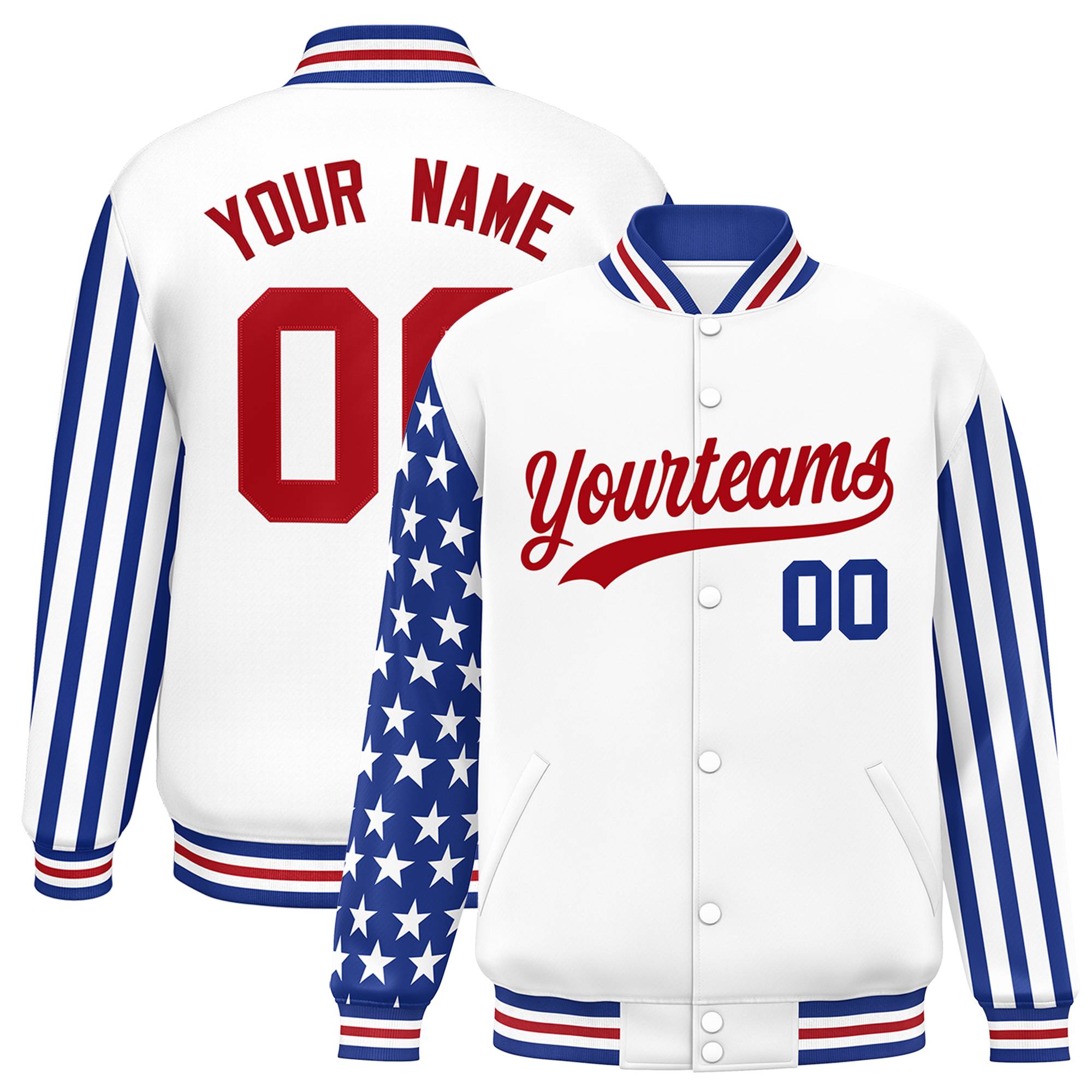 Custom White Royal American Flag Varsity Full-Snap Authentic Raglan Sleeves Letterman Bomber Jacket