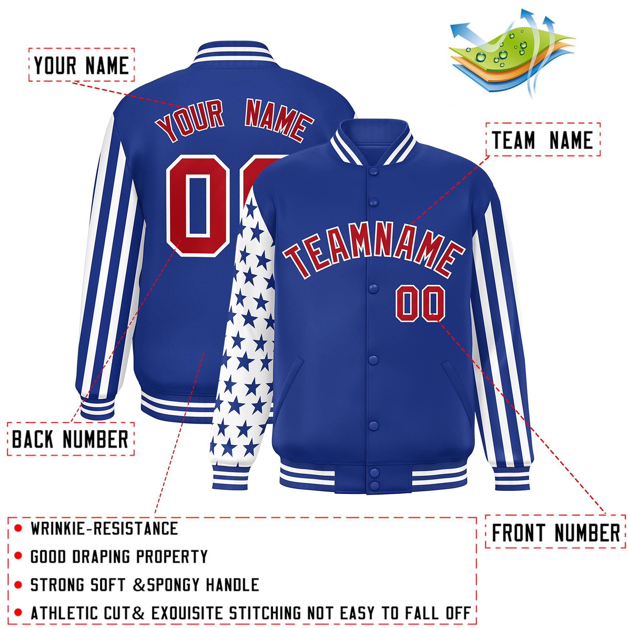 Custom Royal American Flag Varsity Full-Snap Authentic Raglan Sleeves Letterman Bomber Jacket