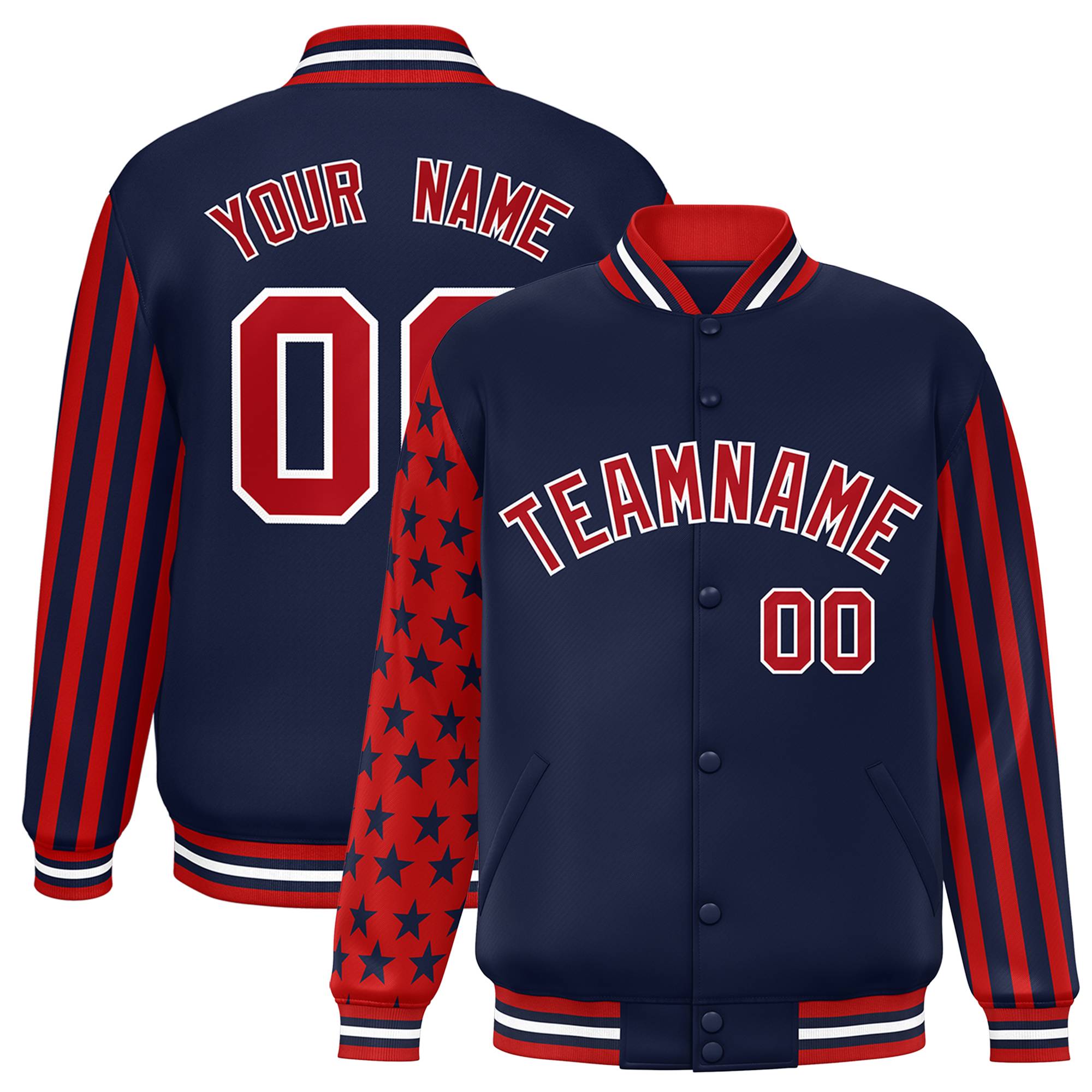 Custom Navy American Flag Varsity Full-Snap Authentic Raglan Sleeves Letterman Bomber Jacket