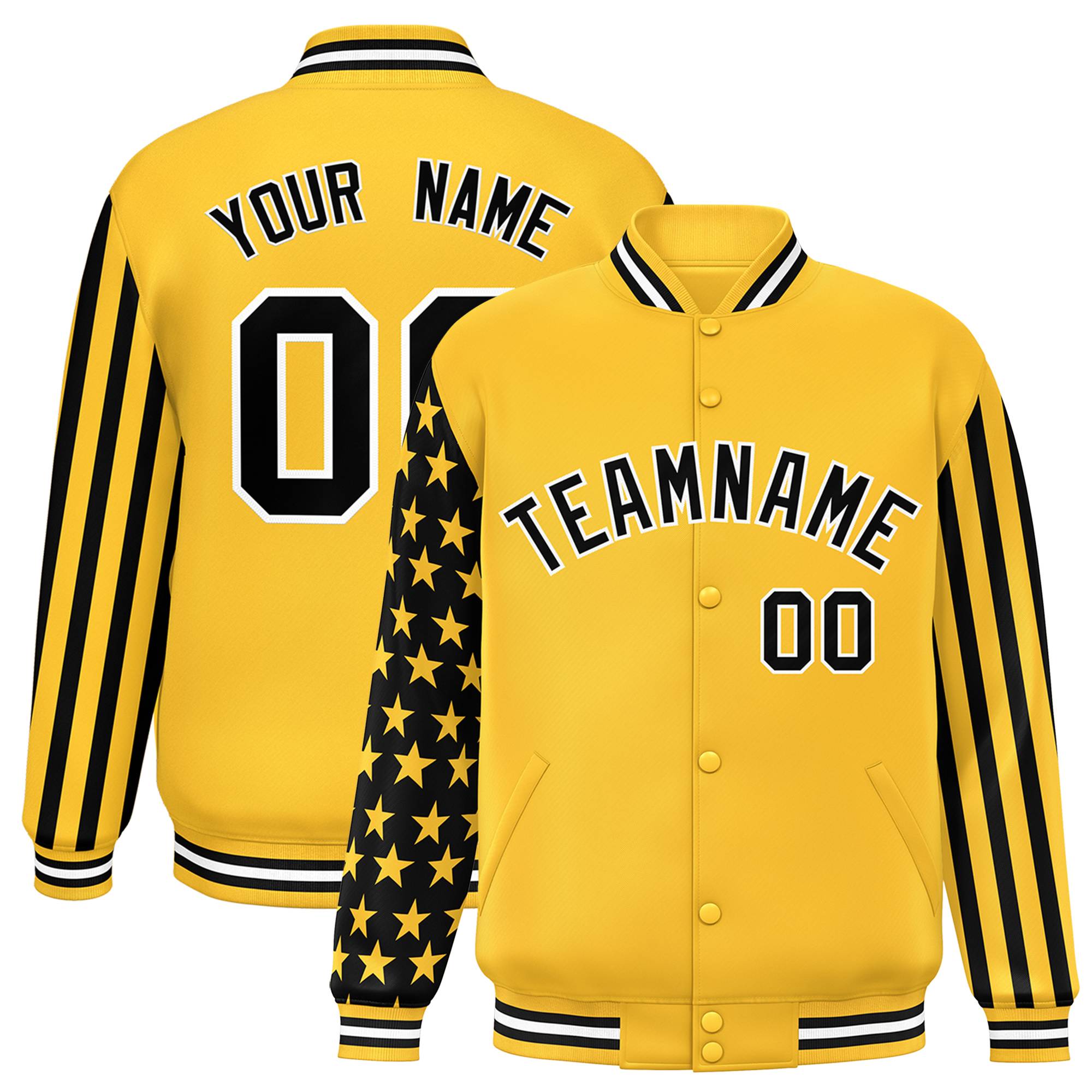 Custom Gold American Flag Varsity Full-Snap Authentic Raglan Sleeves Letterman Bomber Jacket