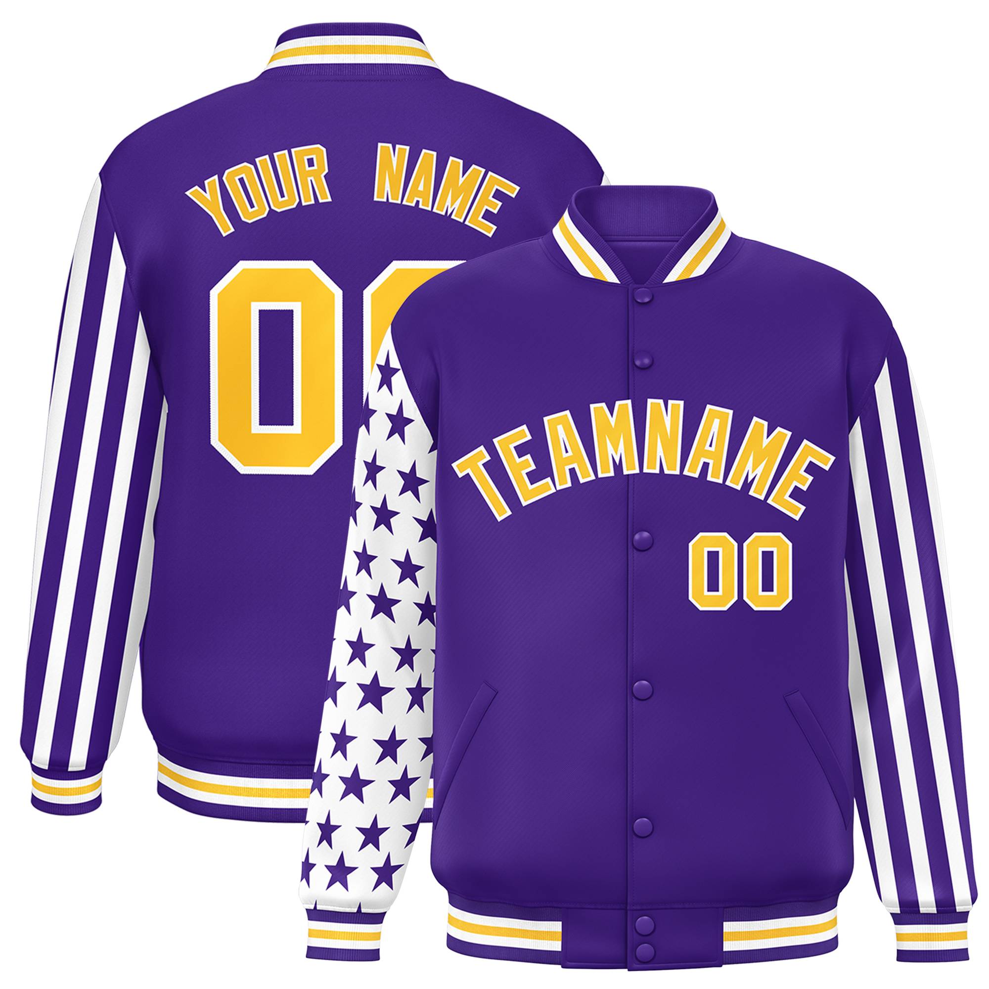 Custom Purple American Flag Varsity Full-Snap Authentic Raglan Sleeves Letterman Bomber Jacket