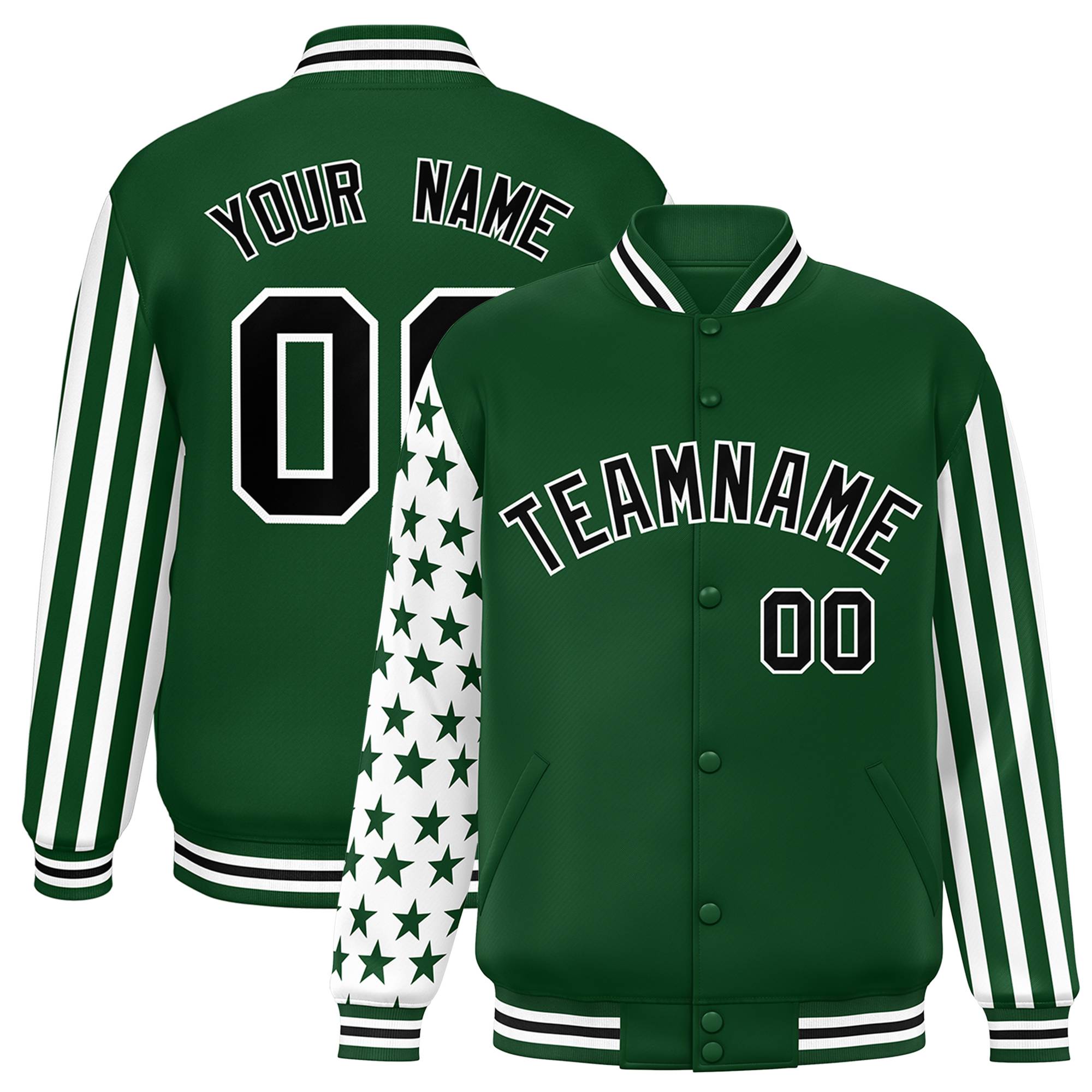 Custom Green American Flag Varsity Full-Snap Authentic Raglan Sleeves Letterman Bomber Jacket