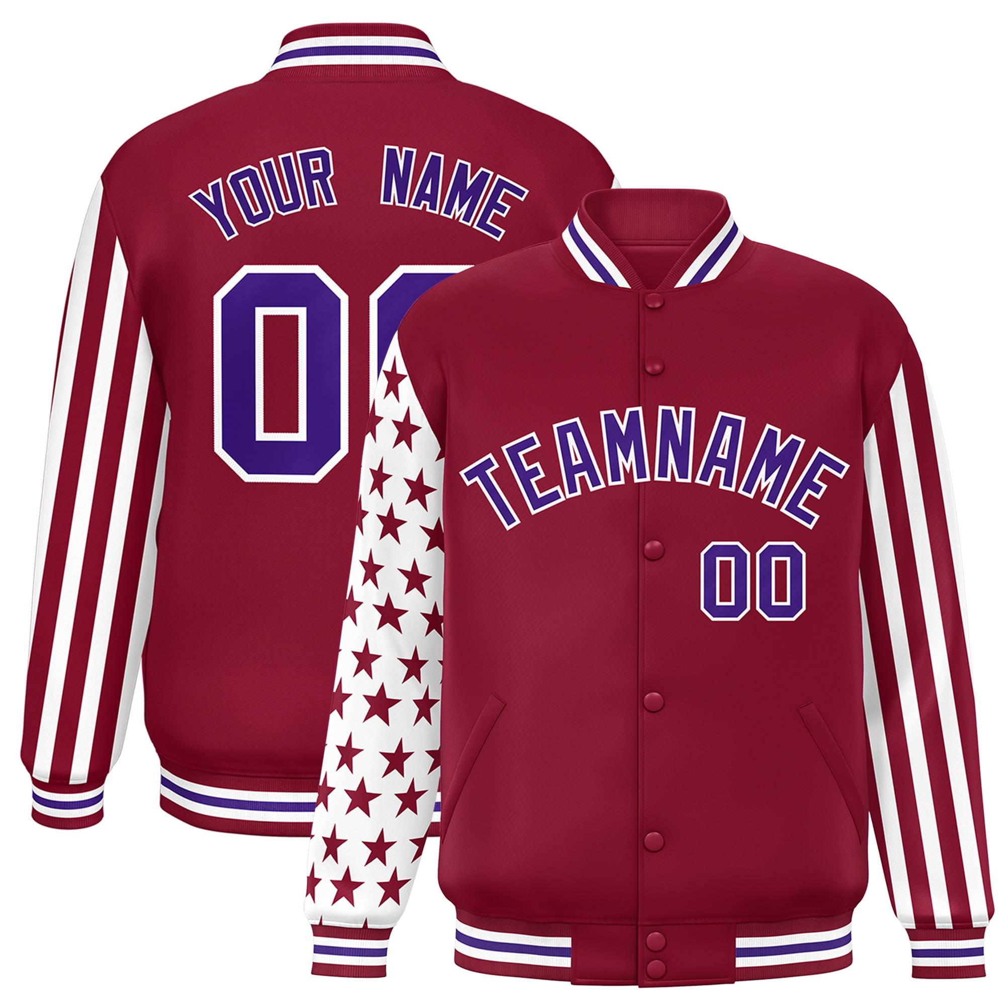 Custom Crimson American Flag Varsity Full-Snap Authentic Raglan Sleeves Letterman Bomber Jacket