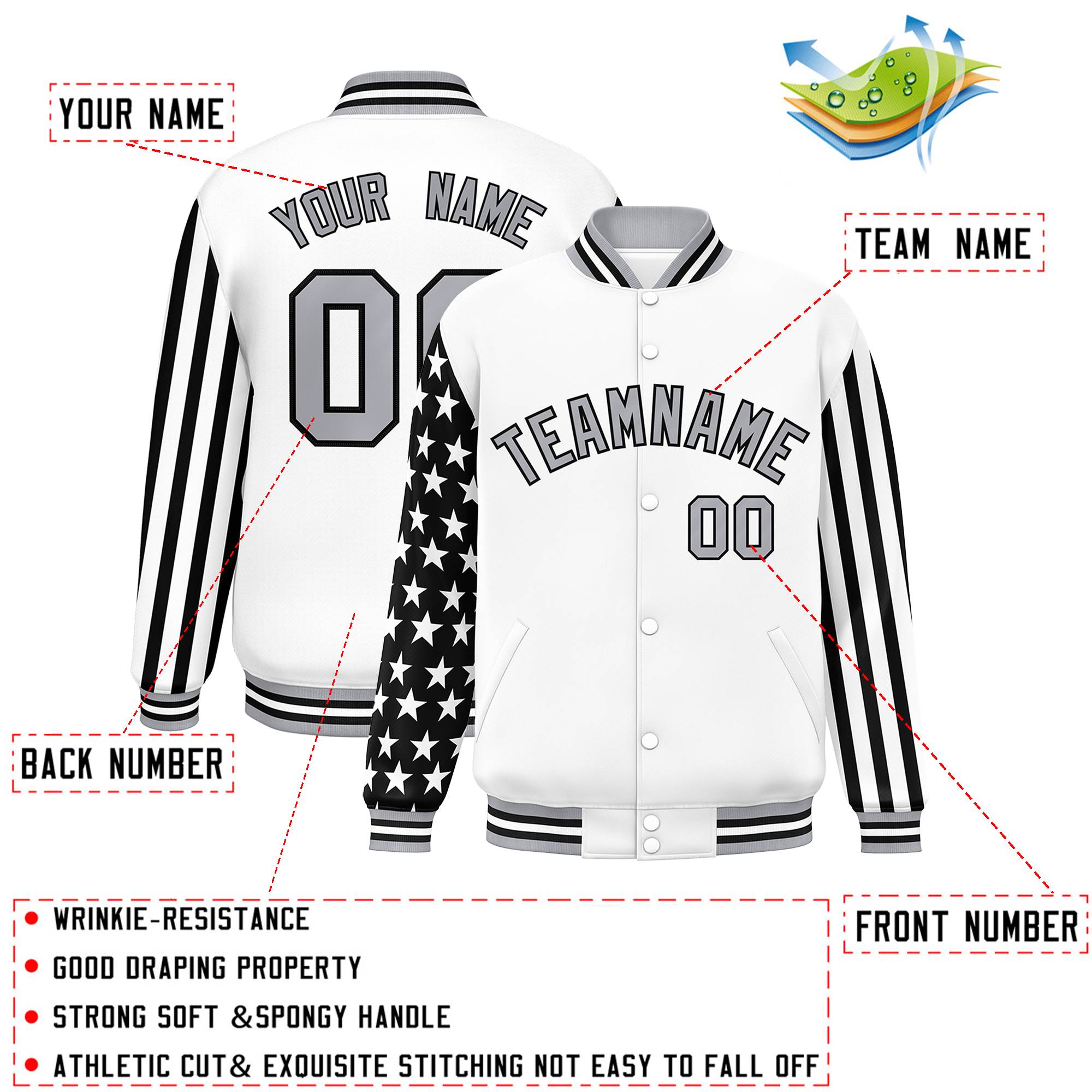 Custom White American Flag Varsity Full-Snap Authentic Raglan Sleeves Letterman Bomber Jacket