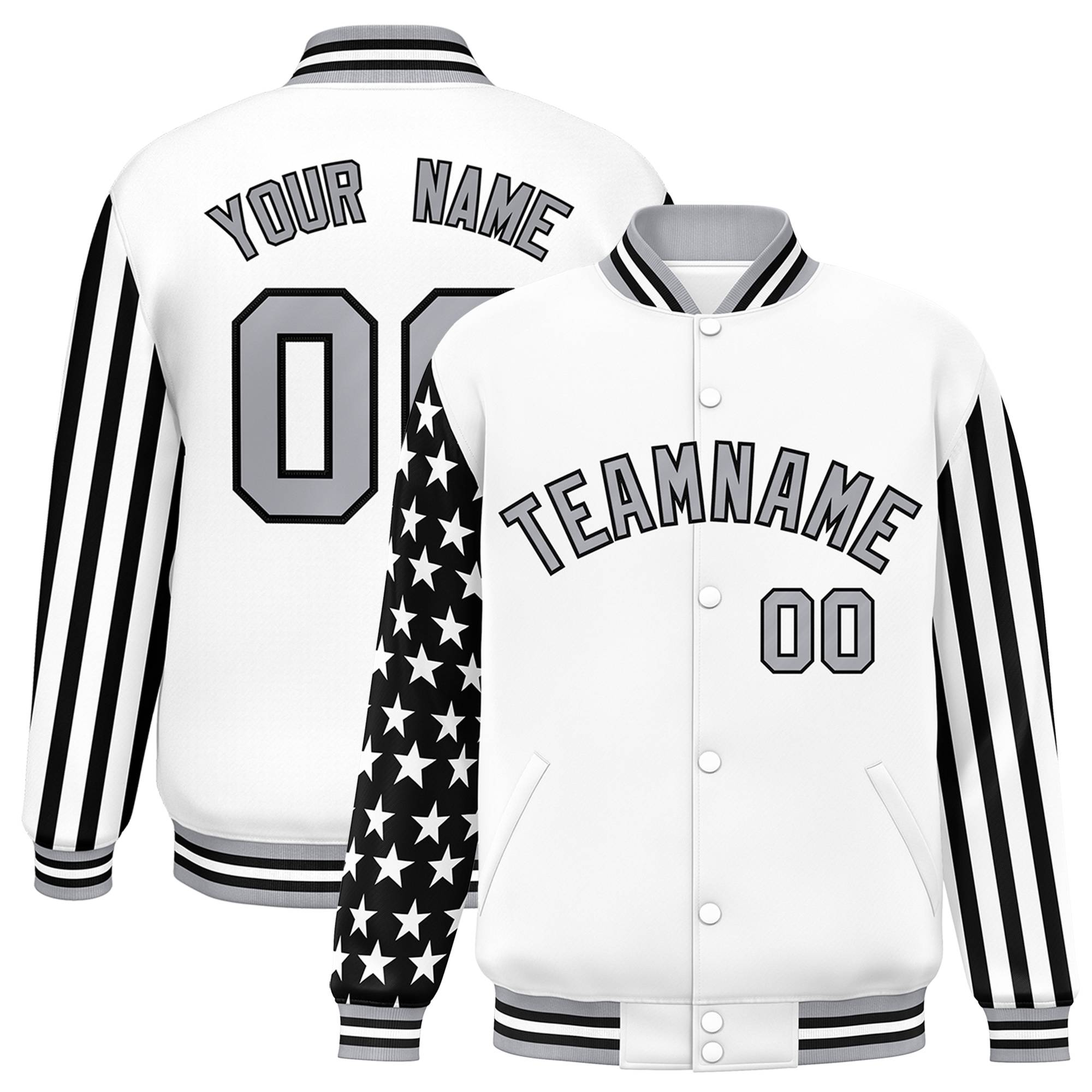 Custom White American Flag Varsity Full-Snap Authentic Raglan Sleeves Letterman Bomber Jacket