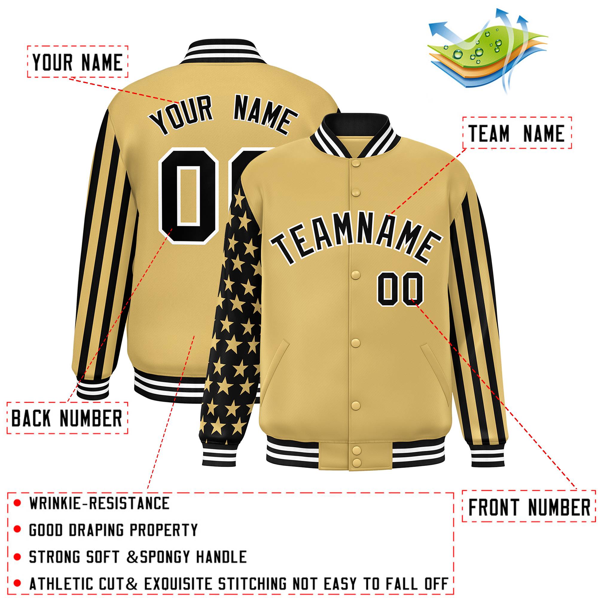 Custom Khaki American Flag Varsity Full-Snap Authentic Raglan Sleeves Letterman Bomber Jacket