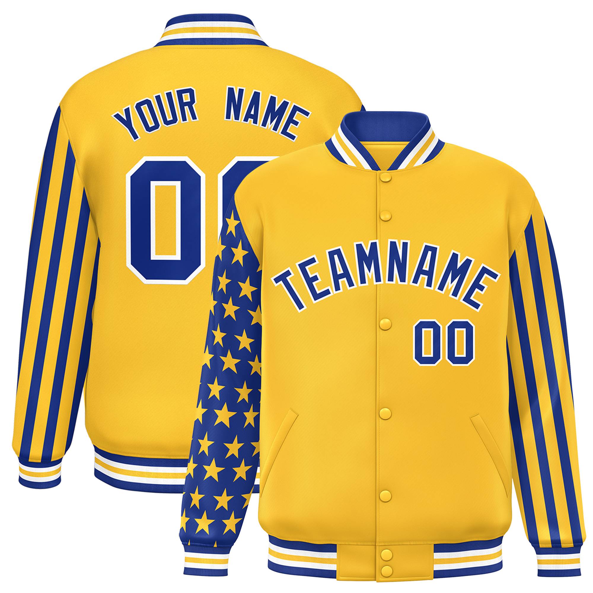 Custom Gold American Flag Varsity Full-Snap Authentic Raglan Sleeves Letterman Bomber Jacket