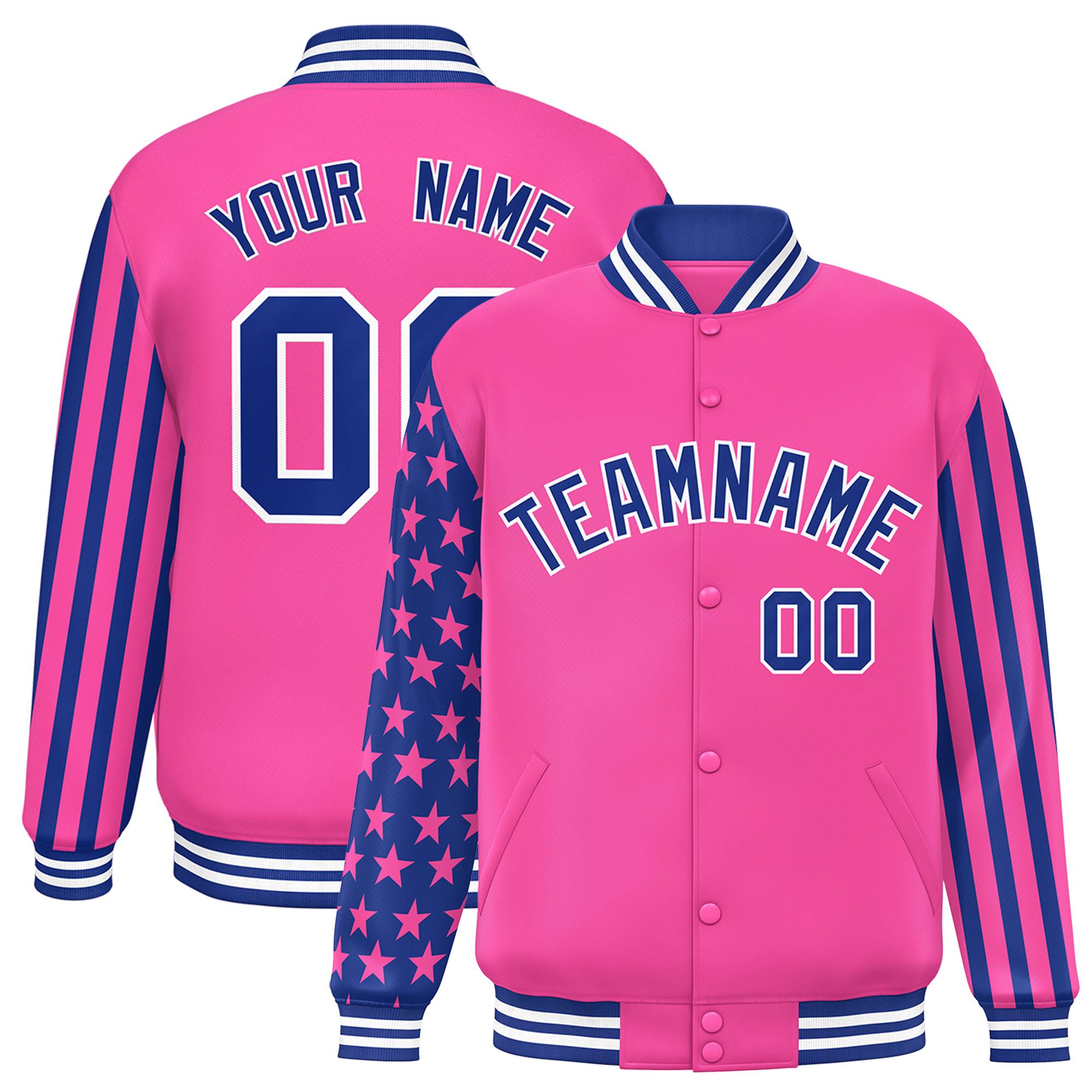 Custom Pink American Flag Varsity Full-Snap Authentic Raglan Sleeves Letterman Bomber Jacket