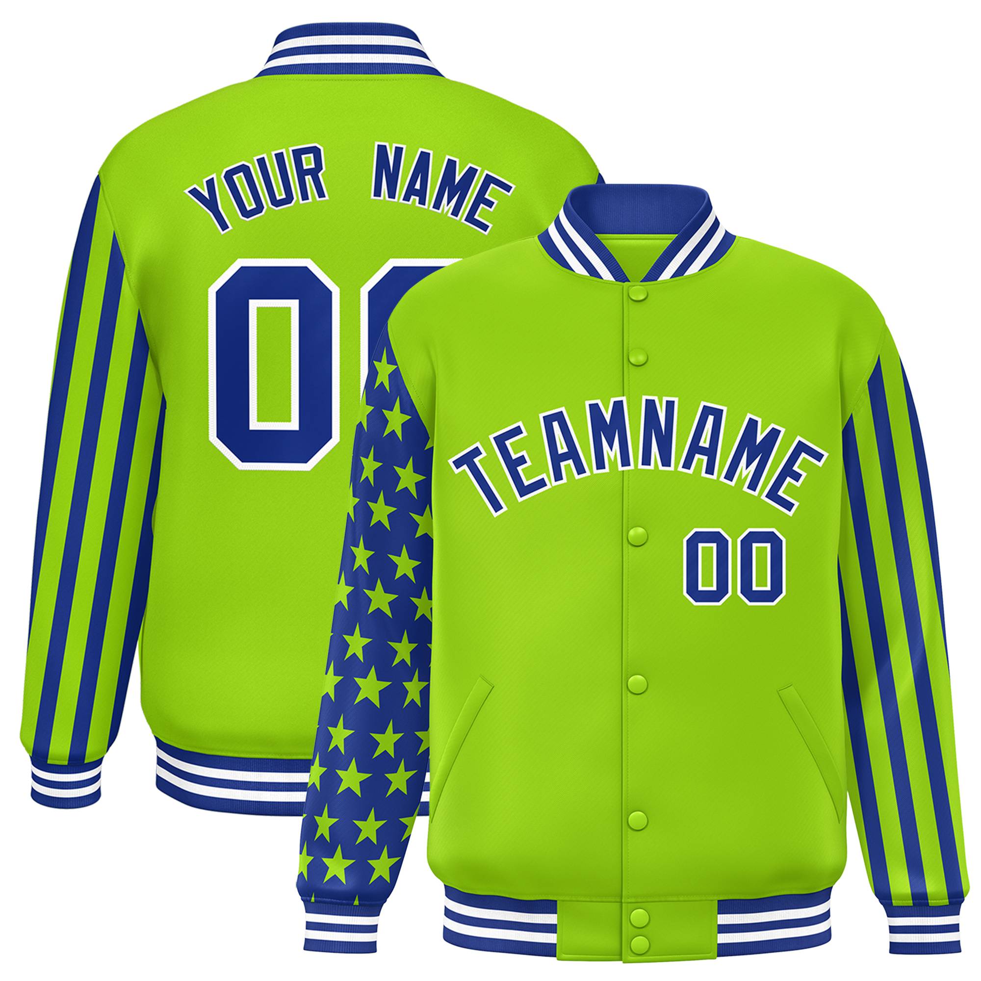 Custom Neon Green American Flag Varsity Full-Snap Authentic Raglan Sleeves Letterman Bomber Jacket