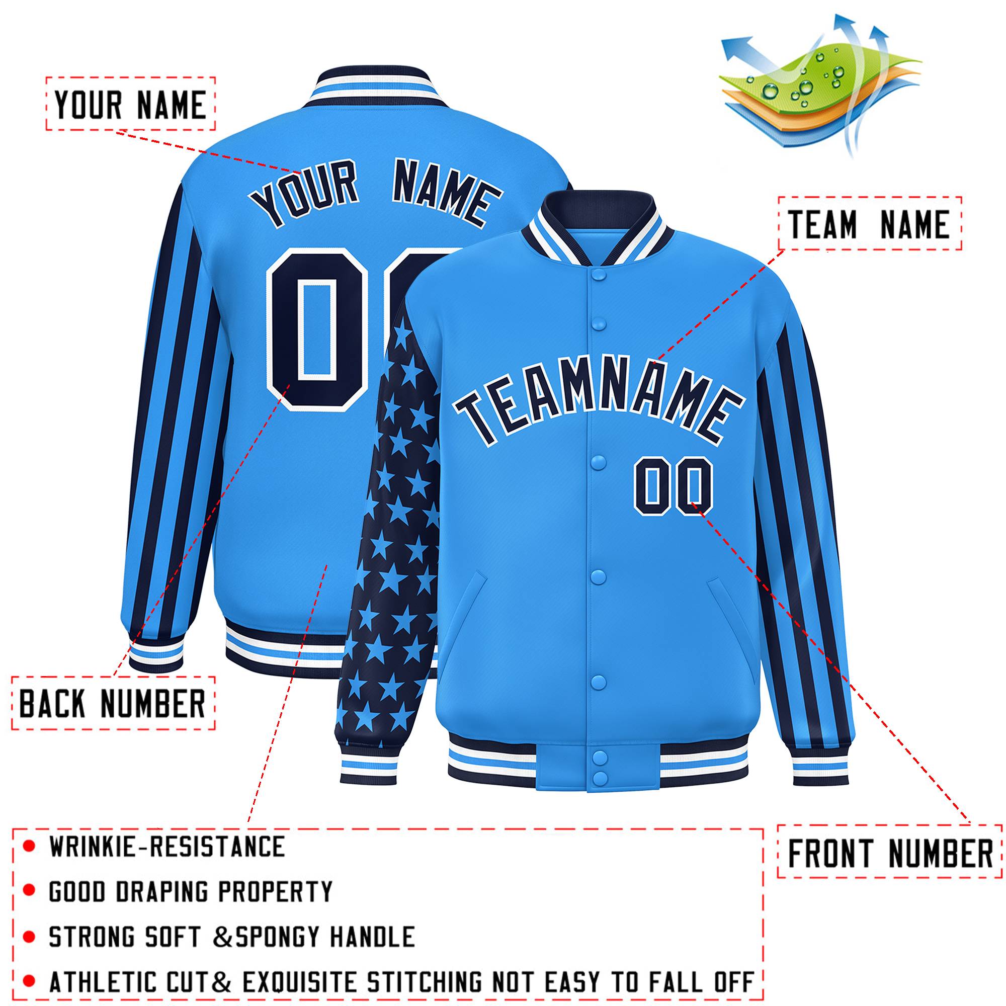 Custom Powder Blue American Flag Varsity Full-Snap Authentic Raglan Sleeves Letterman Bomber Jacket