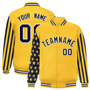 Custom Gold American Flag Varsity Full-Snap Authentic Raglan Sleeves Letterman Bomber Jacket