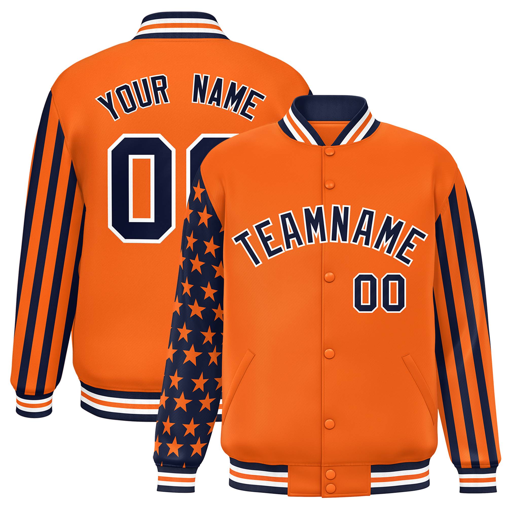 Custom Orange American Flag Varsity Full-Snap Authentic Raglan Sleeves Letterman Bomber Jacket