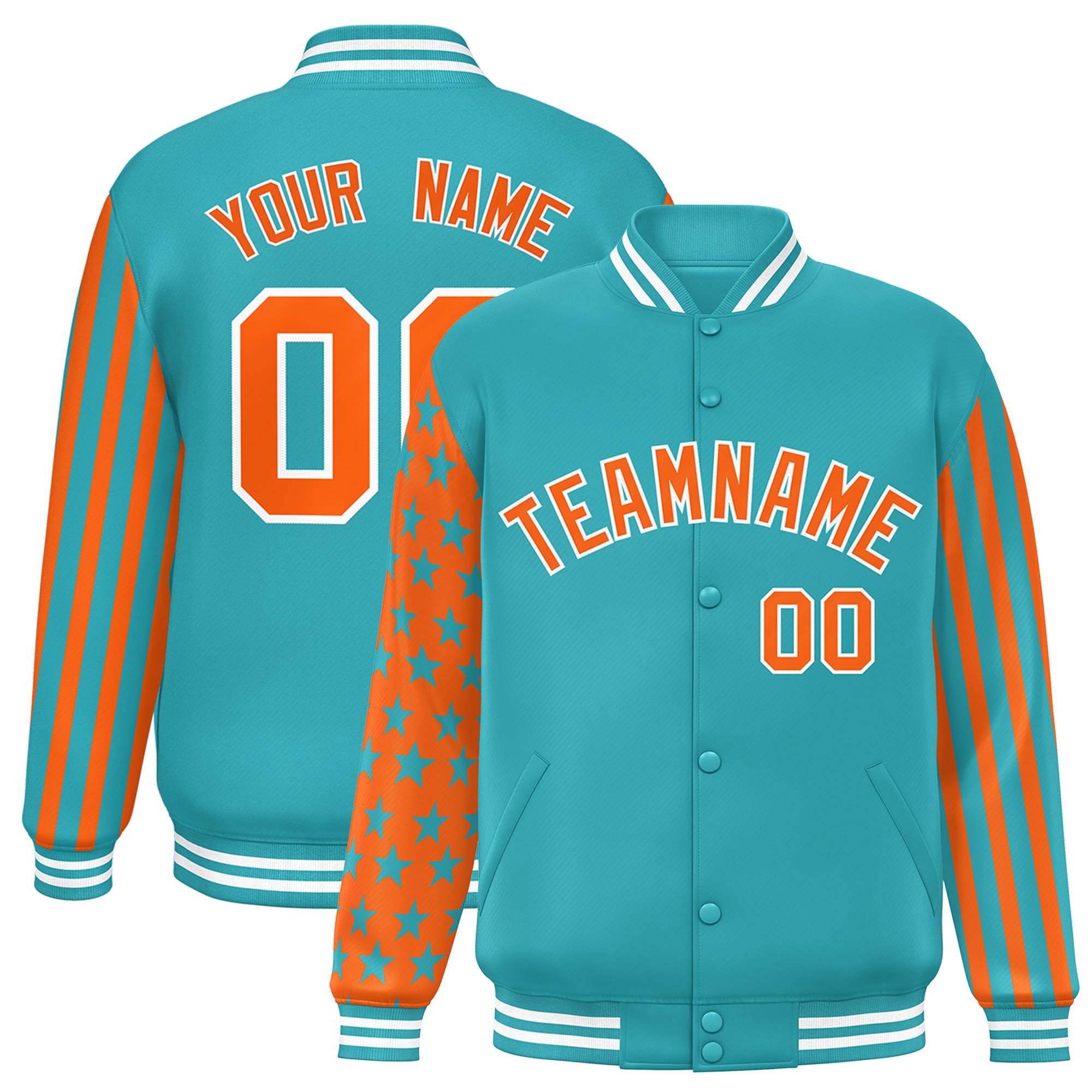 Custom Aqua American Flag Varsity Full-Snap Authentic Raglan Sleeves Letterman Bomber Jacket