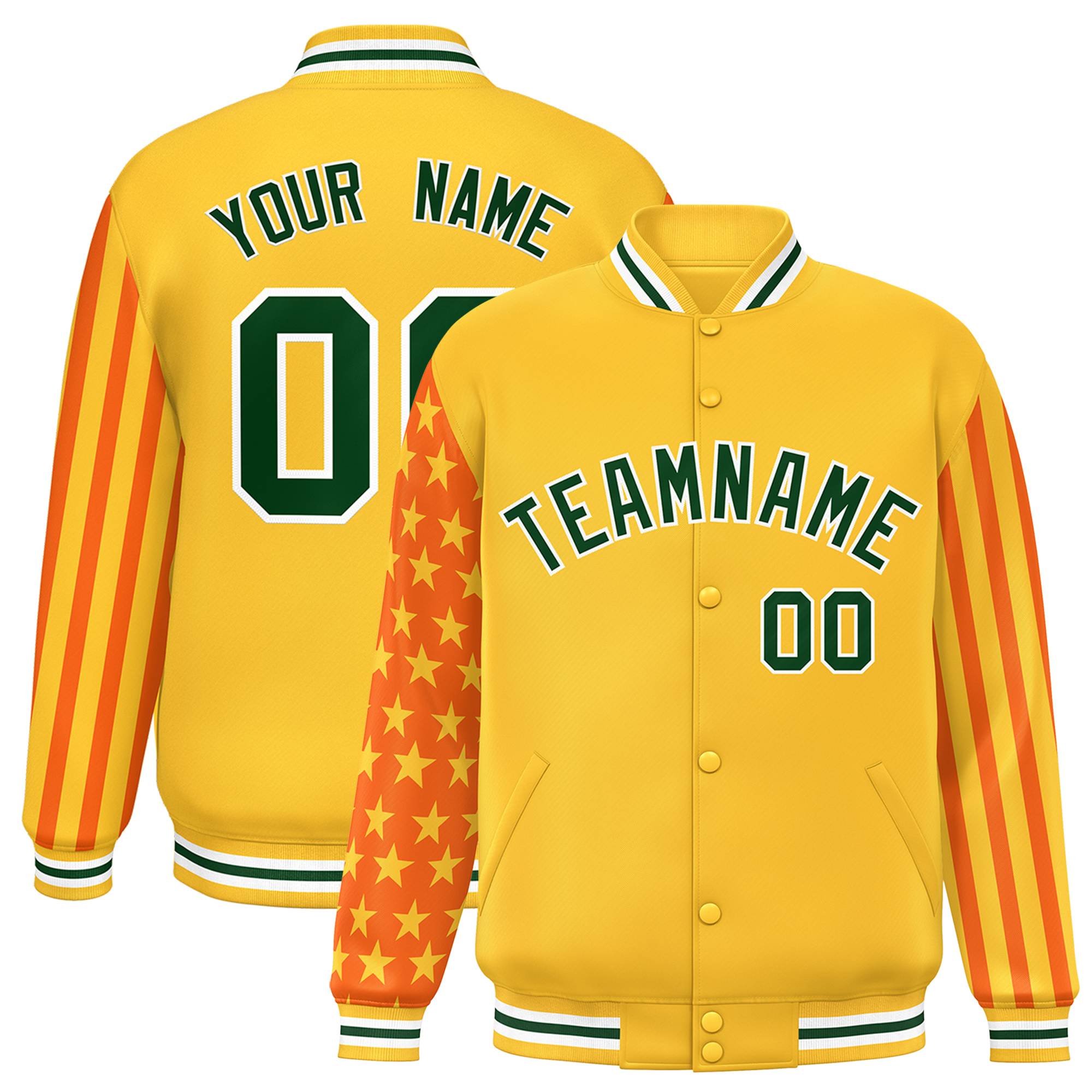 Custom Gold American Flag Varsity Full-Snap Authentic Raglan Sleeves Letterman Bomber Jacket