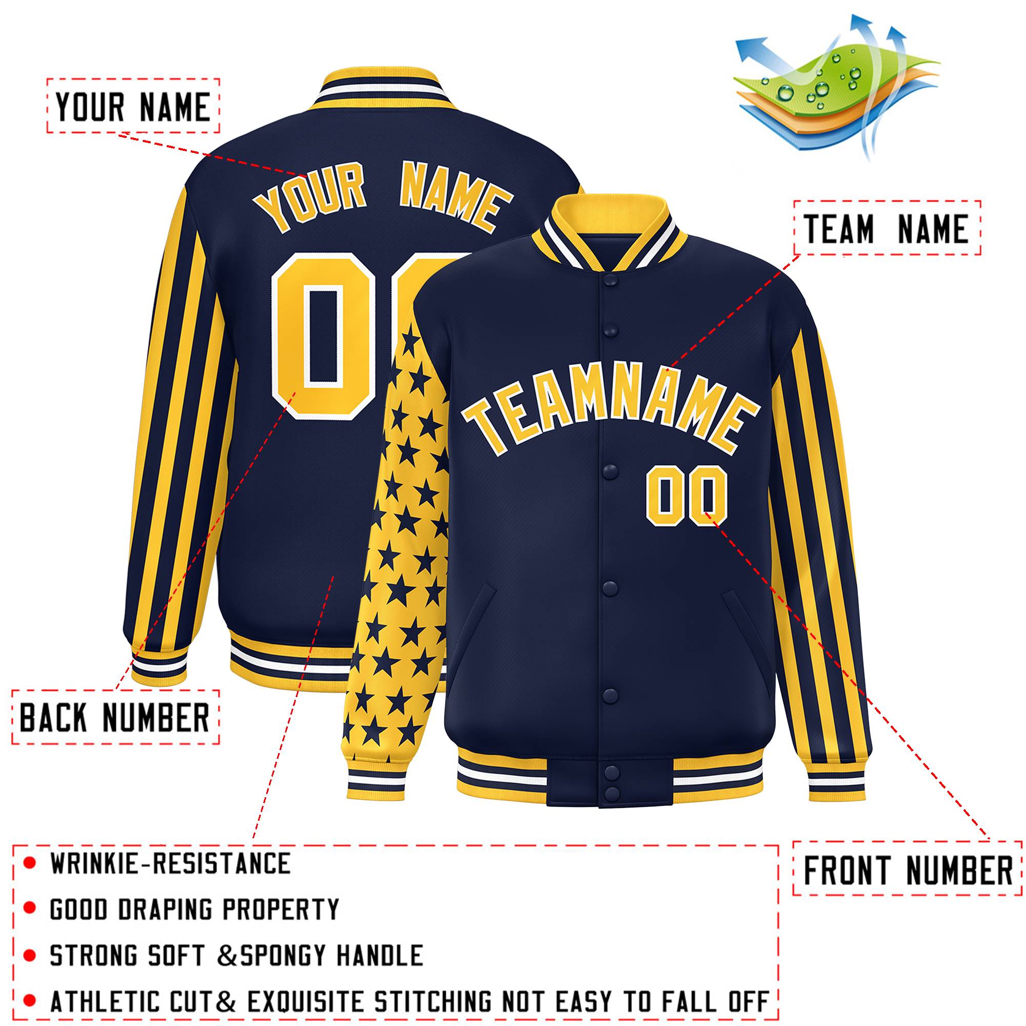 Custom Navy American Flag Varsity Full-Snap Authentic Raglan Sleeves Letterman Bomber Jacket