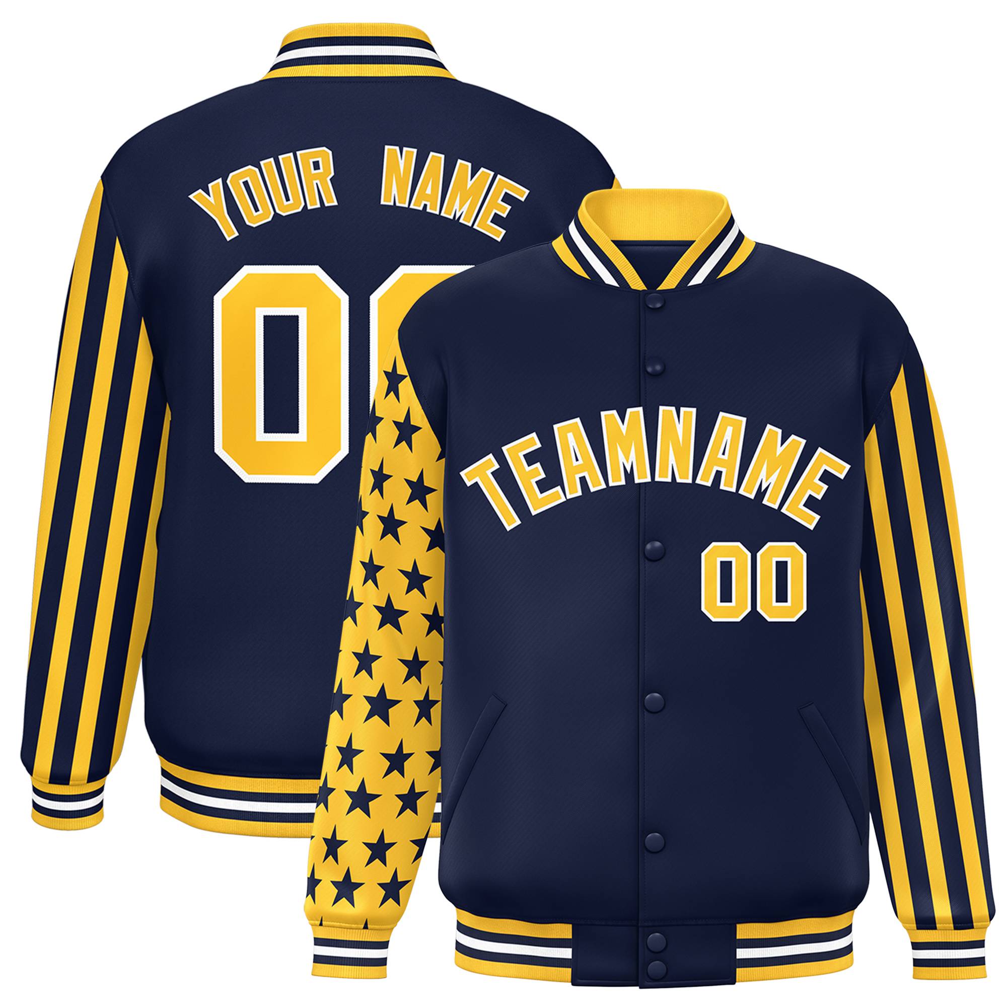 Custom Navy American Flag Varsity Full-Snap Authentic Raglan Sleeves Letterman Bomber Jacket