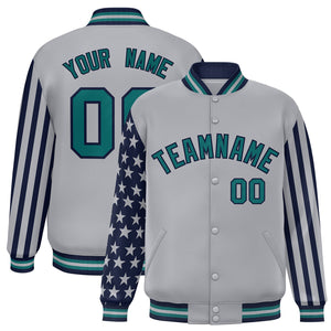 Custom Gray American Flag Varsity Full-Snap Authentic Raglan Sleeves Letterman Bomber Jacket