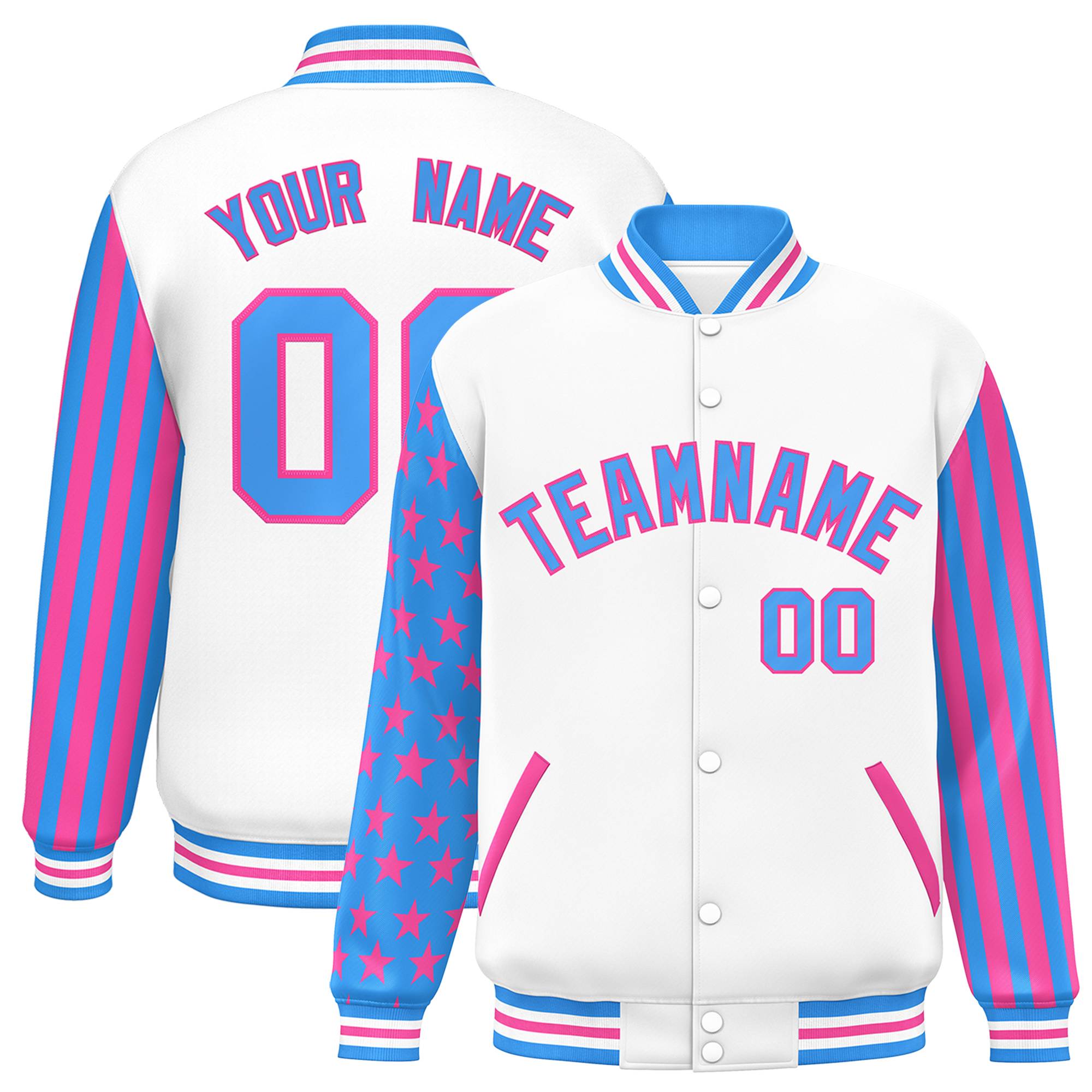 Custom White Powder Blue American Flag Varsity Full-Snap Authentic Raglan Sleeves Letterman Bomber Jacket