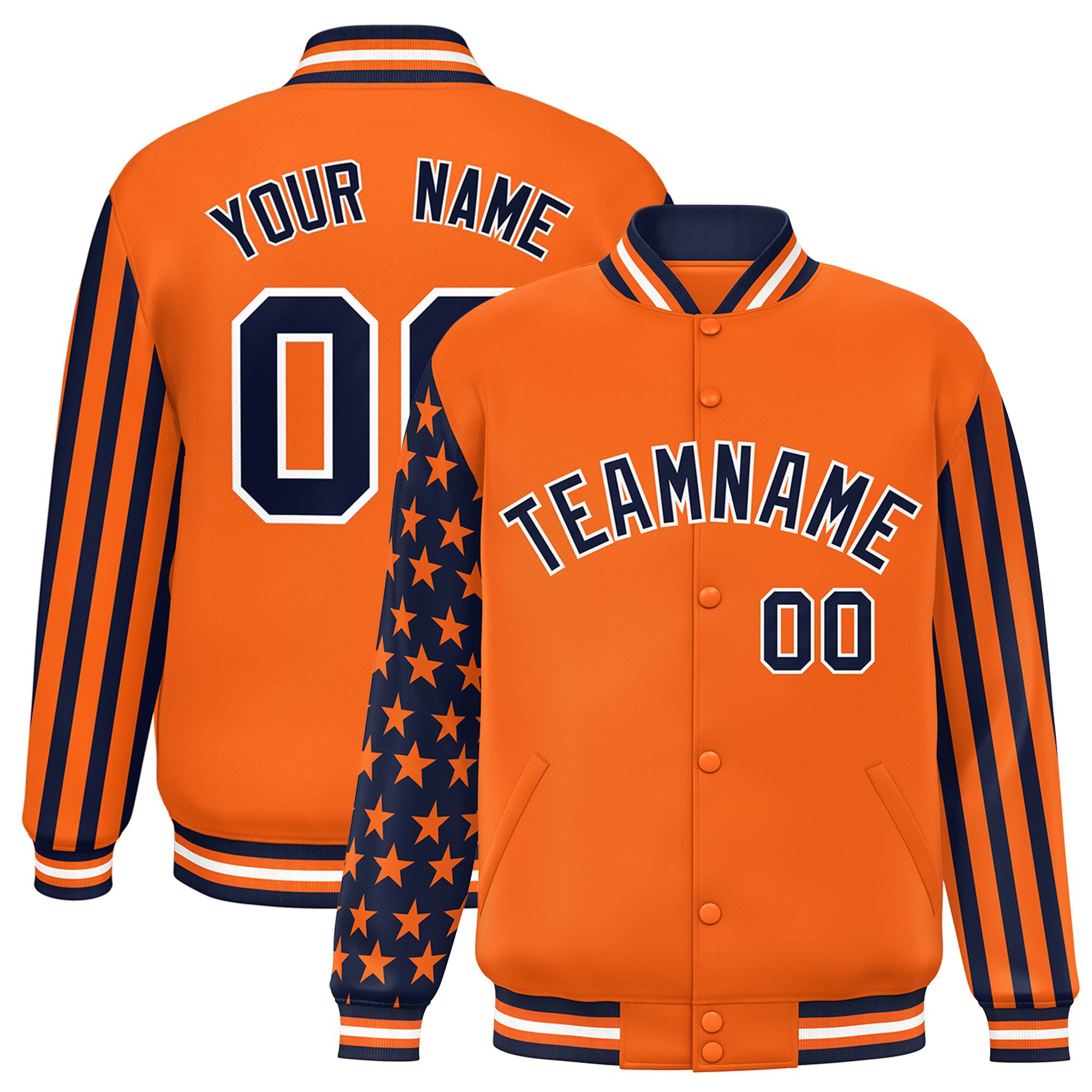 Custom Orange Navy American Flag Varsity Full-Snap Authentic Raglan Sleeves Letterman Bomber Jacket