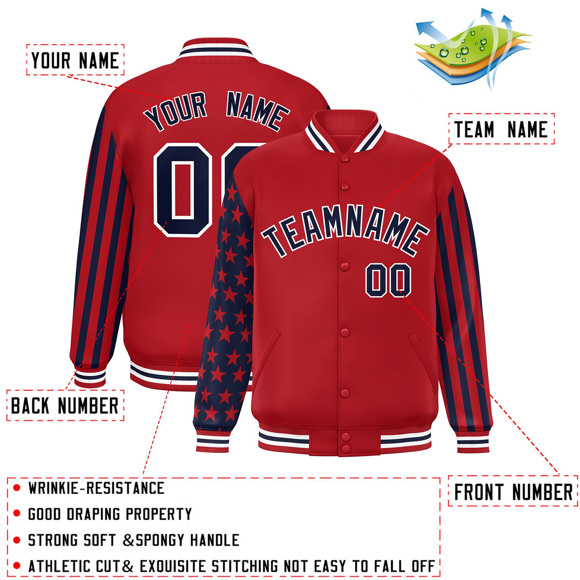 Custom Red Navy American Flag Varsity Full-Snap Authentic Raglan Sleeves Letterman Bomber Jacket