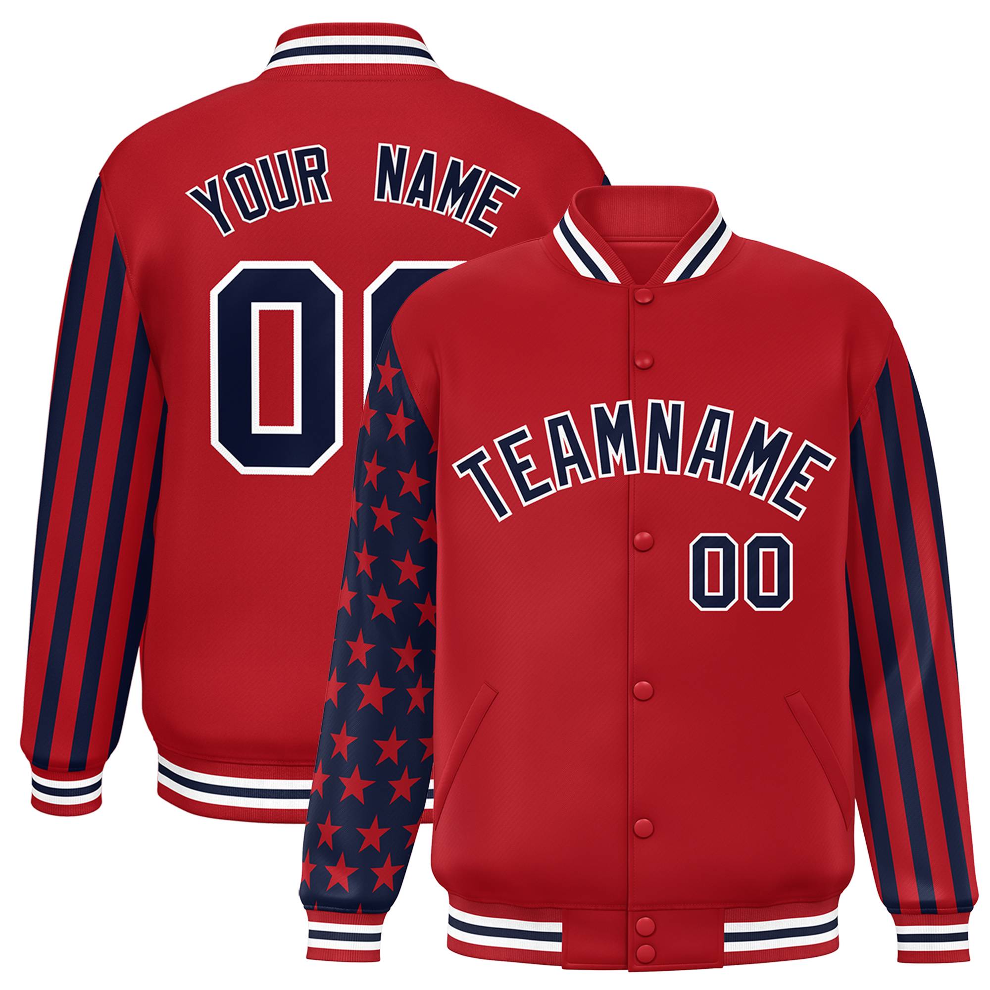 Custom Red Navy American Flag Varsity Full-Snap Authentic Raglan Sleeves Letterman Bomber Jacket