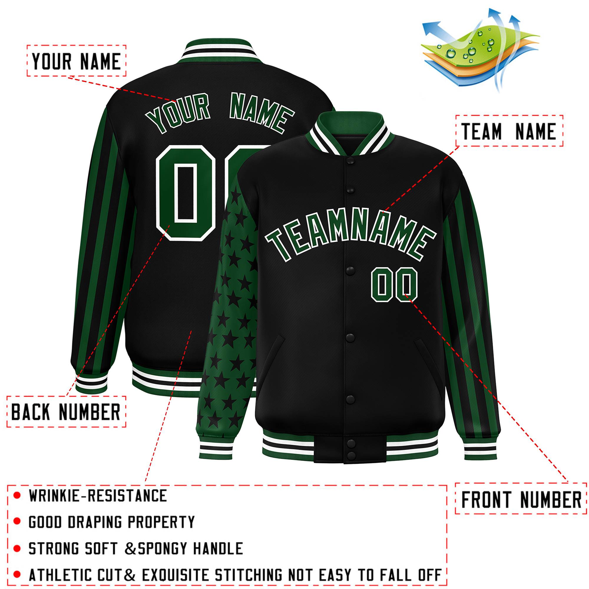 Custom Black Green American Flag Varsity Full-Snap Authentic Raglan Sleeves Letterman Bomber Jacket