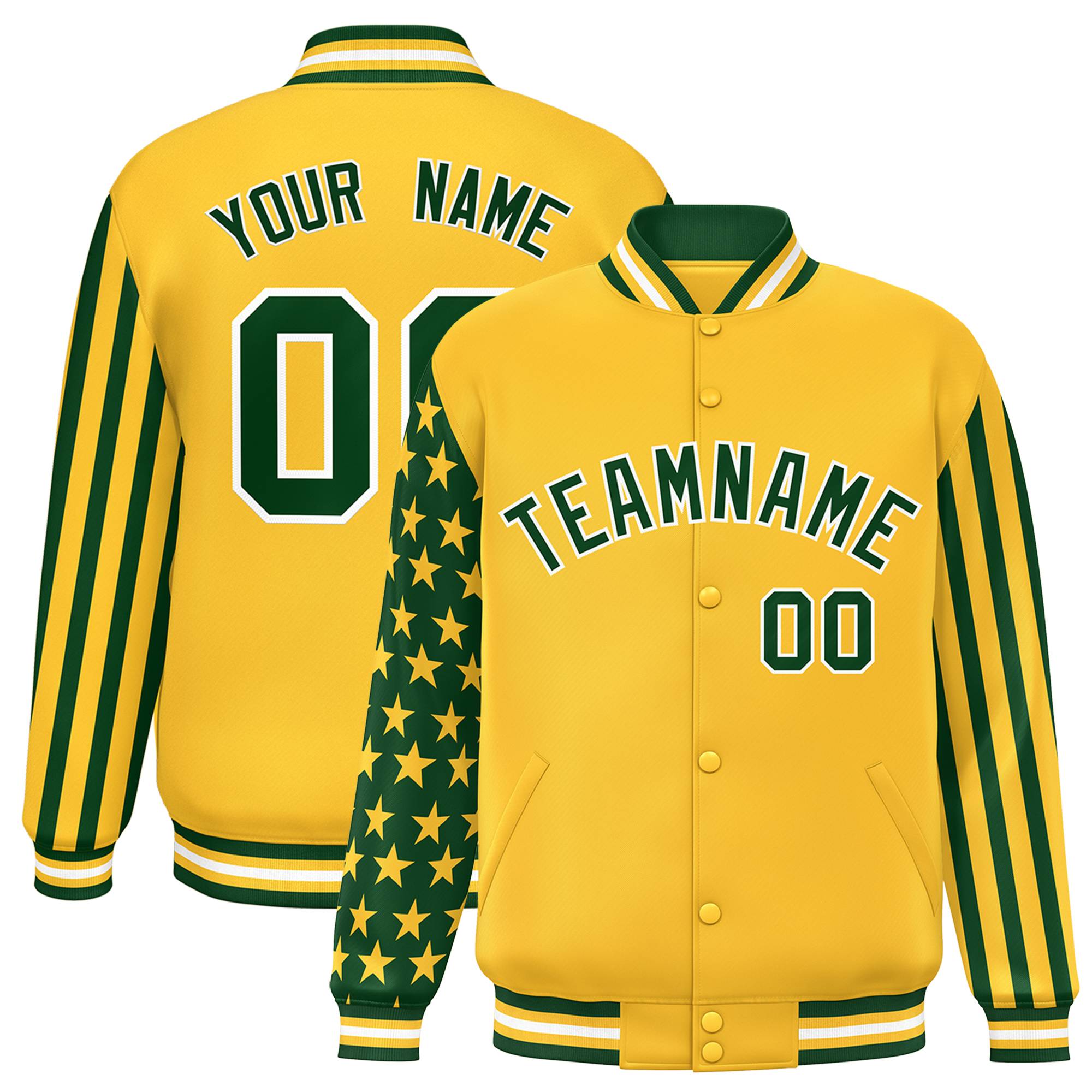 Custom Gold Green American Flag Varsity Full-Snap Authentic Raglan Sleeves Letterman Bomber Jacket