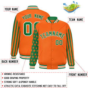 Custom Orange Kelly Green American Flag Varsity Full-Snap Authentic Raglan Sleeves Letterman Bomber Jacket