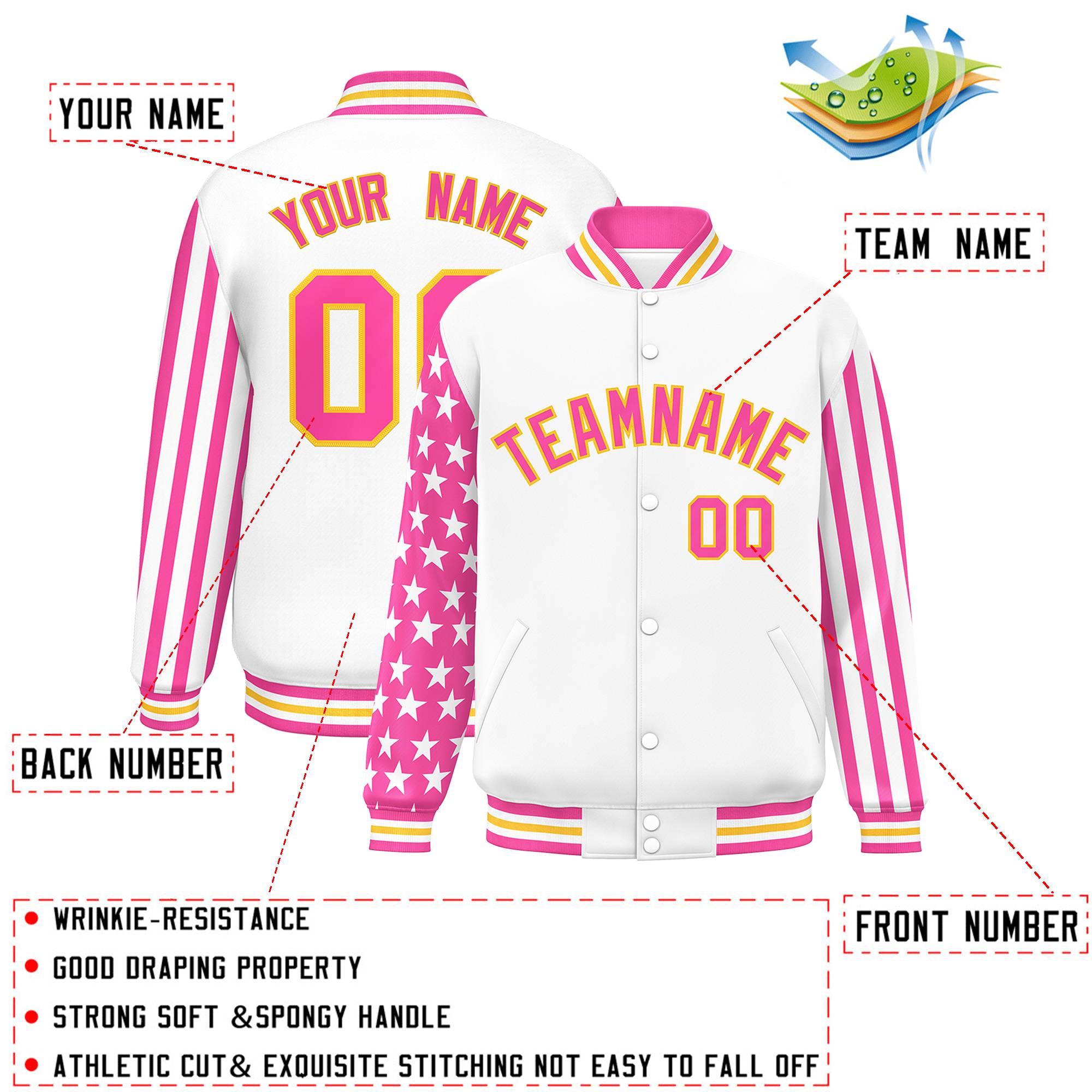 Custom White Pink American Flag Varsity Full-Snap Authentic Raglan Sleeves Letterman Bomber Jacket