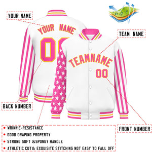 Custom White Pink American Flag Varsity Full-Snap Authentic Raglan Sleeves Letterman Bomber Jacket