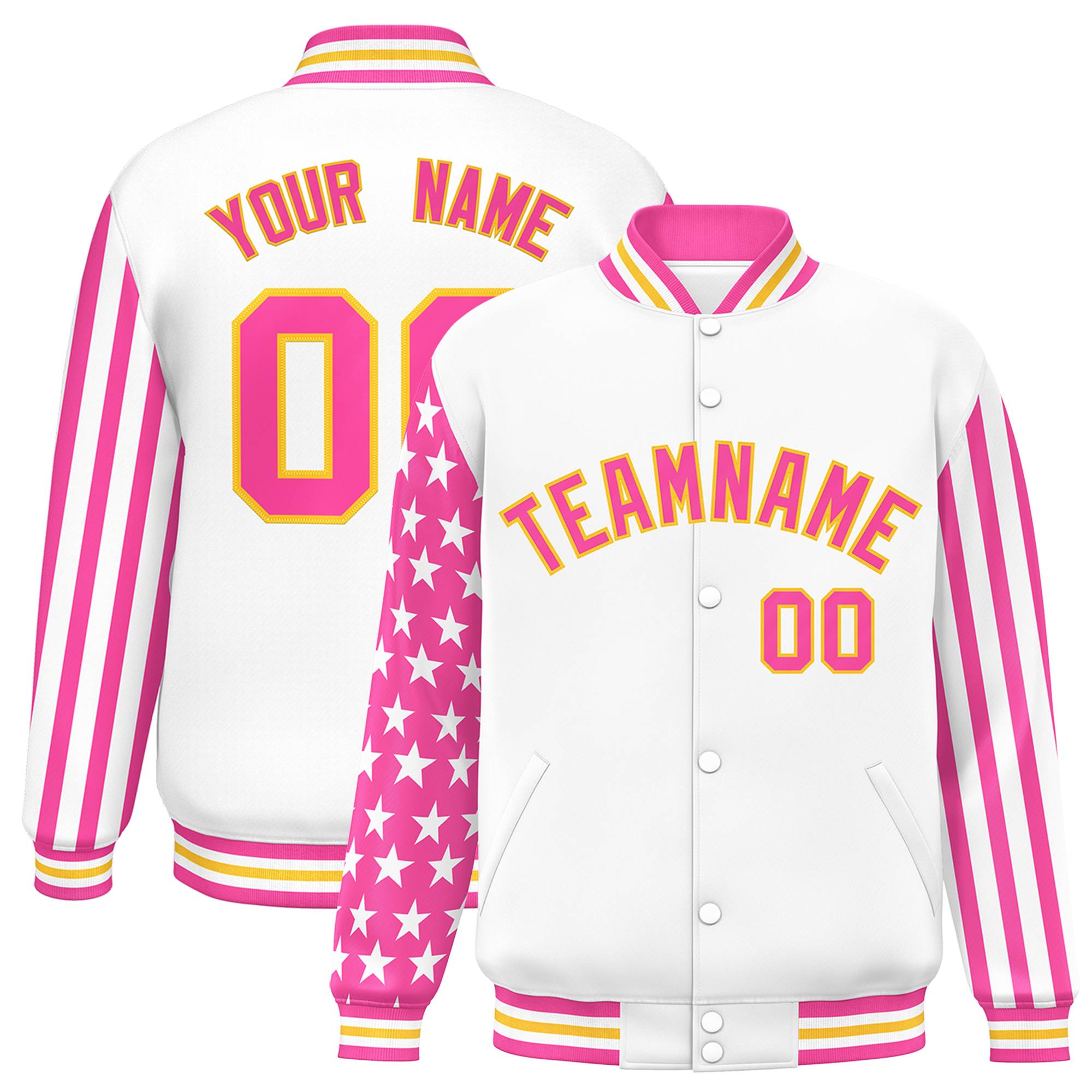 Custom White Pink American Flag Varsity Full-Snap Authentic Raglan Sleeves Letterman Bomber Jacket