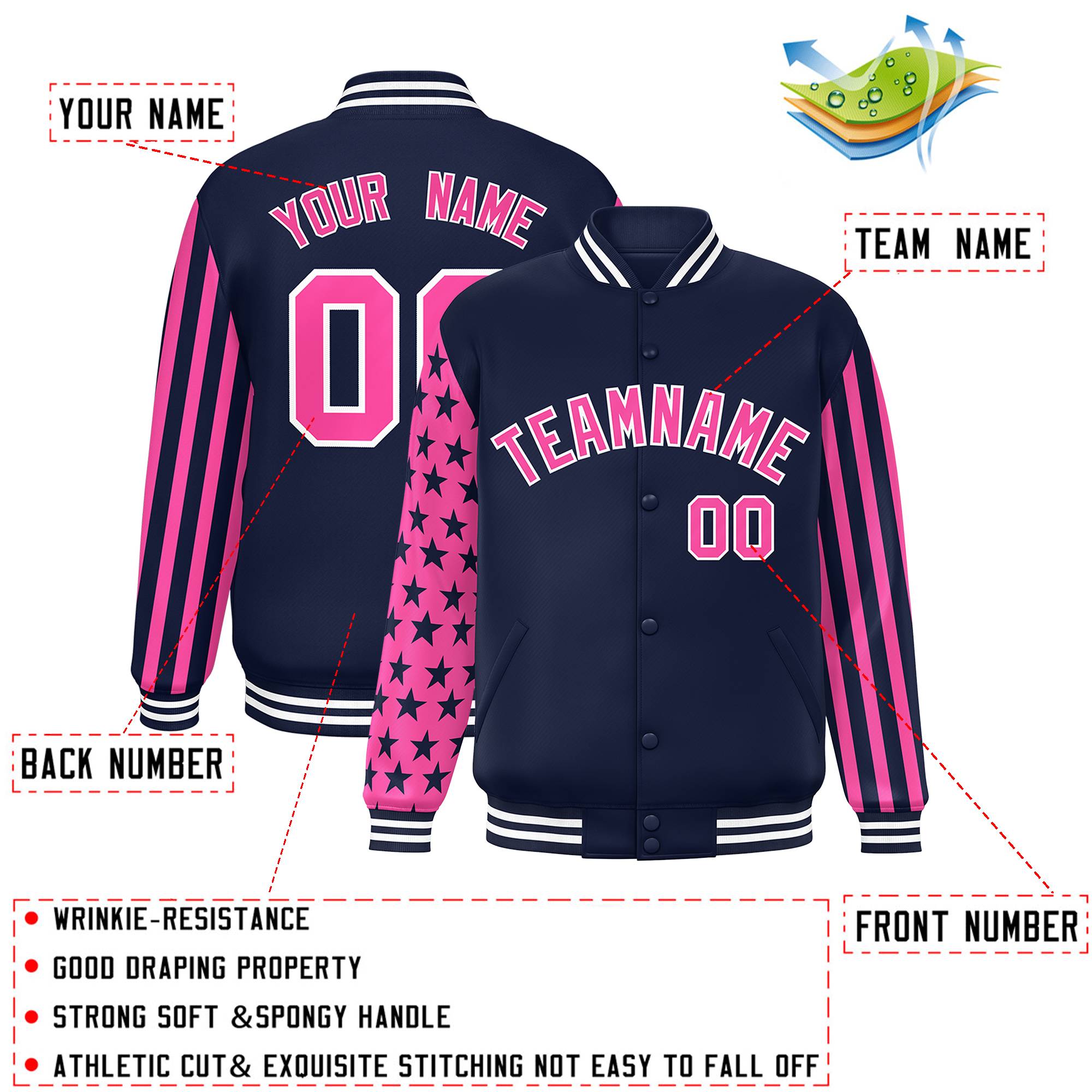 Custom Navy Pink American Flag Varsity Full-Snap Authentic Raglan Sleeves Letterman Bomber Jacket