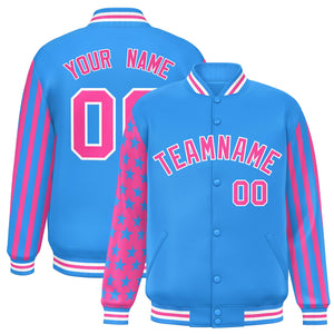 Custom Powder Blue Pink American Flag Varsity Full-Snap Authentic Raglan Sleeves Letterman Bomber Jacket