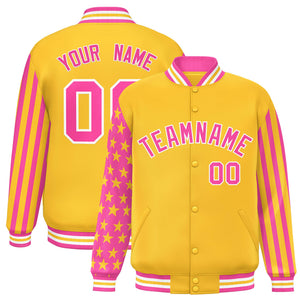 Custom Gold Pink American Flag Varsity Full-Snap Authentic Raglan Sleeves Letterman Bomber Jacket