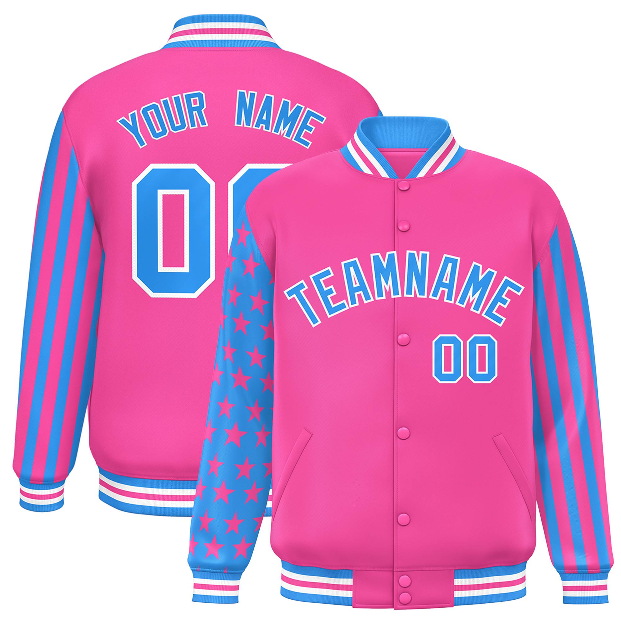 Custom Pink Powder Blue American Flag Varsity Full-Snap Authentic Raglan Sleeves Letterman Bomber Jacket