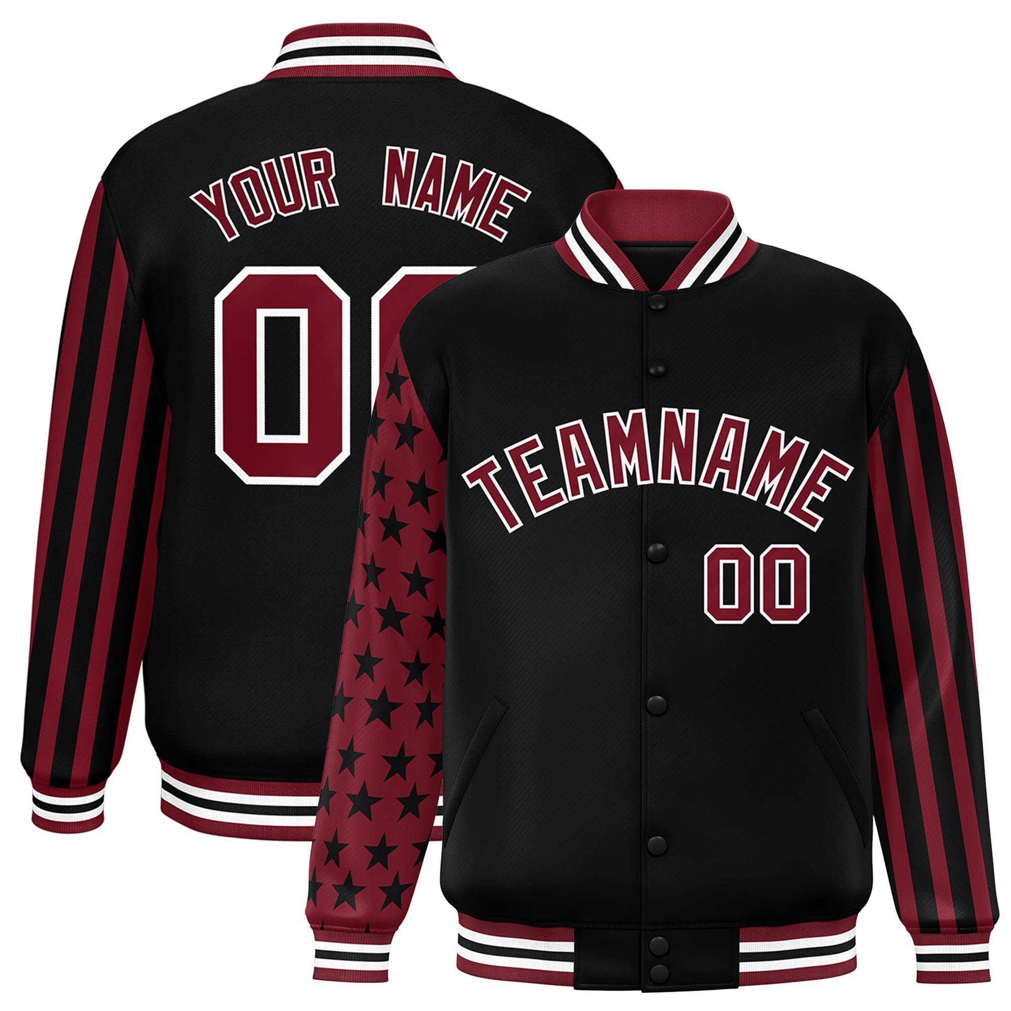 Custom Black Crimson American Flag Varsity Full-Snap Authentic Raglan Sleeves Letterman Bomber Jacket