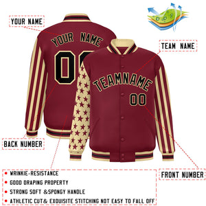 Custom Crimson Khaki American Flag Varsity Full-Snap Authentic Raglan Sleeves Letterman Bomber Jacket