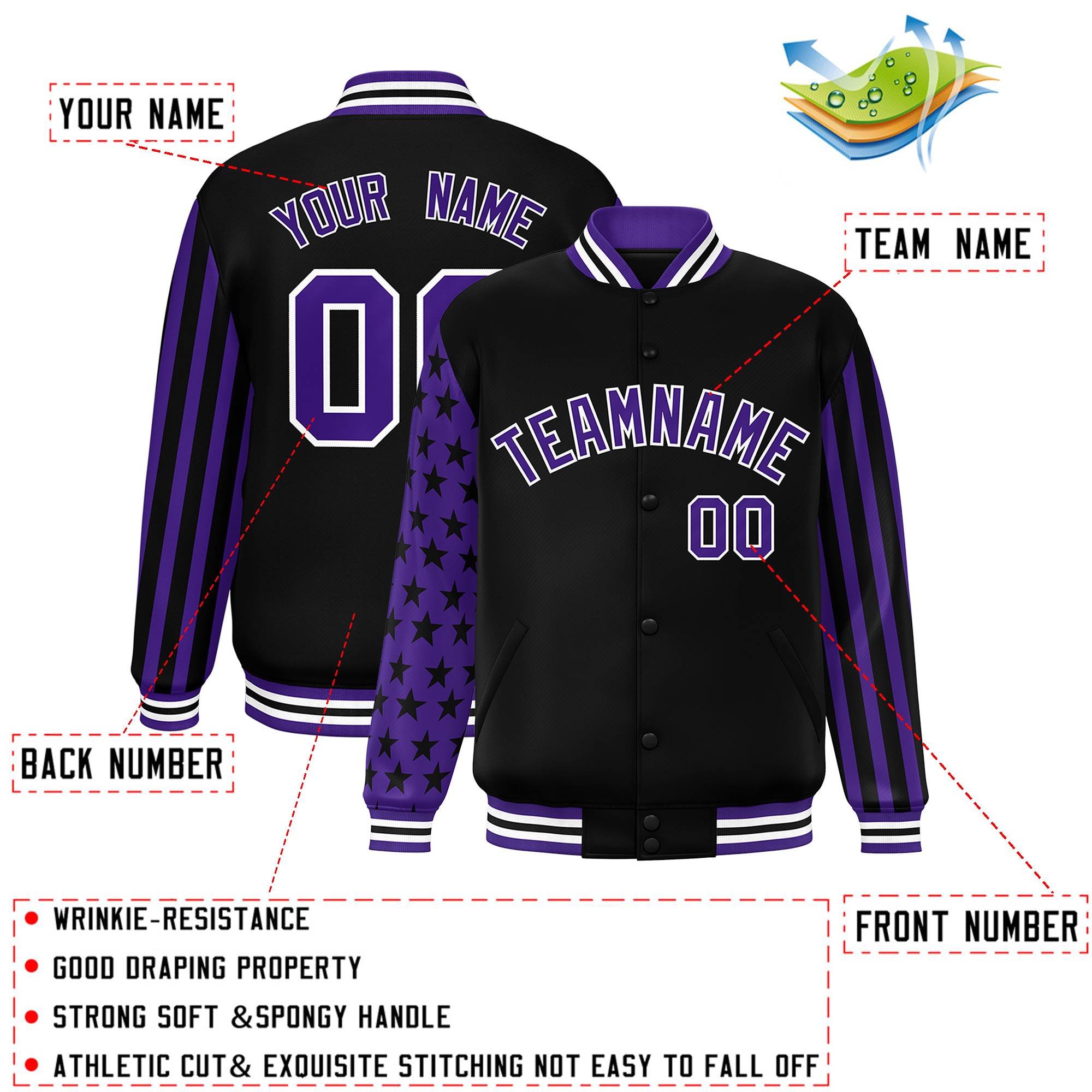 Custom Black Purple American Flag Varsity Full-Snap Authentic Raglan Sleeves Letterman Bomber Jacket