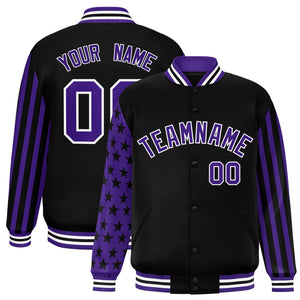 Custom Black Purple American Flag Varsity Full-Snap Authentic Raglan Sleeves Letterman Bomber Jacket