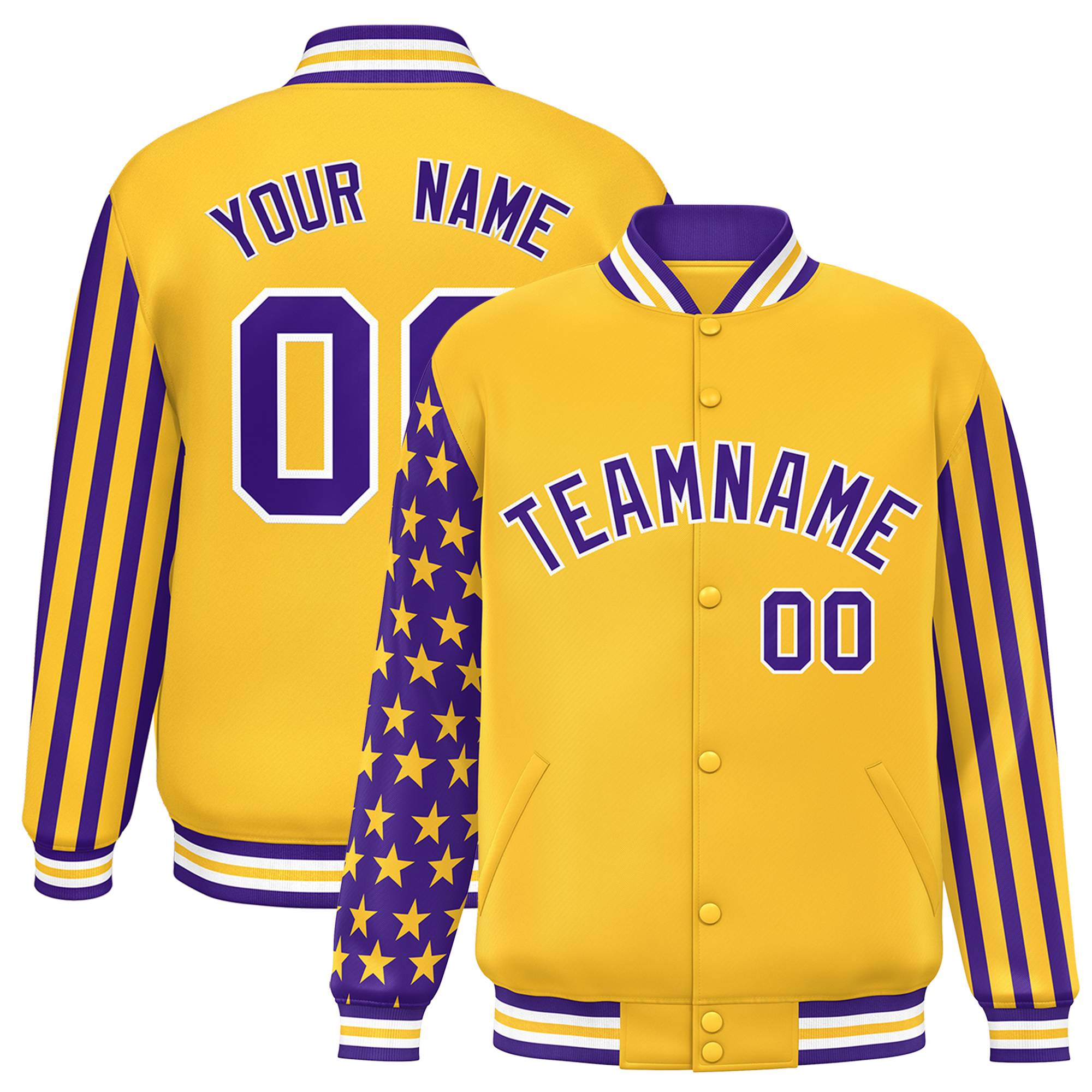 Custom Gold Purple American Flag Varsity Full-Snap Authentic Raglan Sleeves Letterman Bomber Jacket